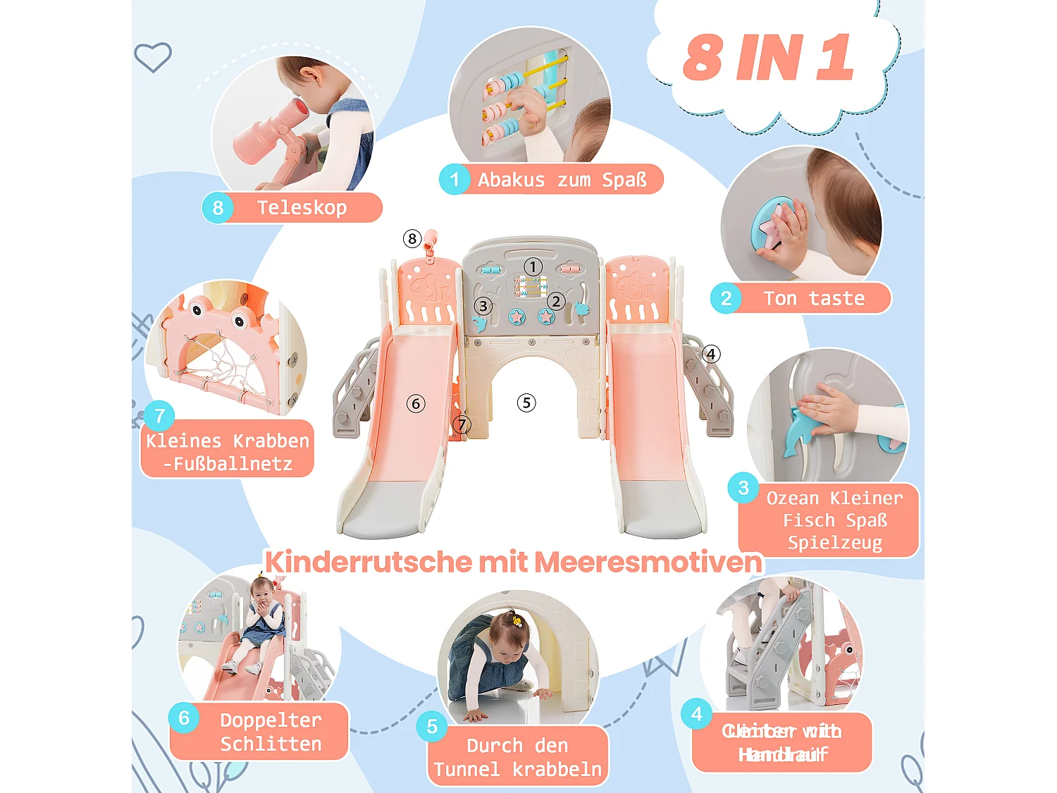 Ensemble aire de jeux pour enfants 8 en 1 - 197 x 167 x 98cm - en matériel HDPE - avec tunnel arqué et escalade - Rose