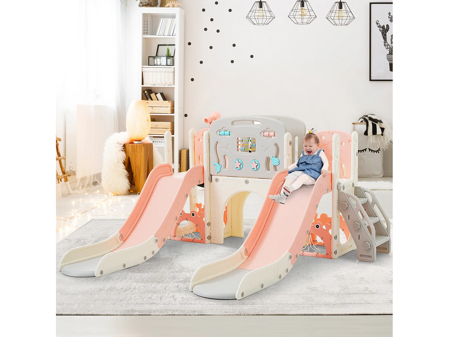 Ensemble aire de jeux pour enfants 8 en 1 - 197 x 167 x 98cm - en matériel HDPE - avec tunnel arqué et escalade - Rose