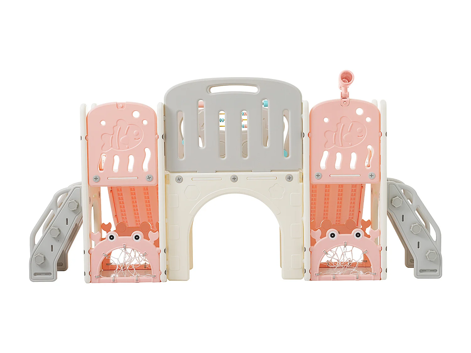 Ensemble aire de jeux pour enfants 8 en 1 - 197 x 167 x 98cm - en matériel HDPE - avec tunnel arqué et escalade - Rose