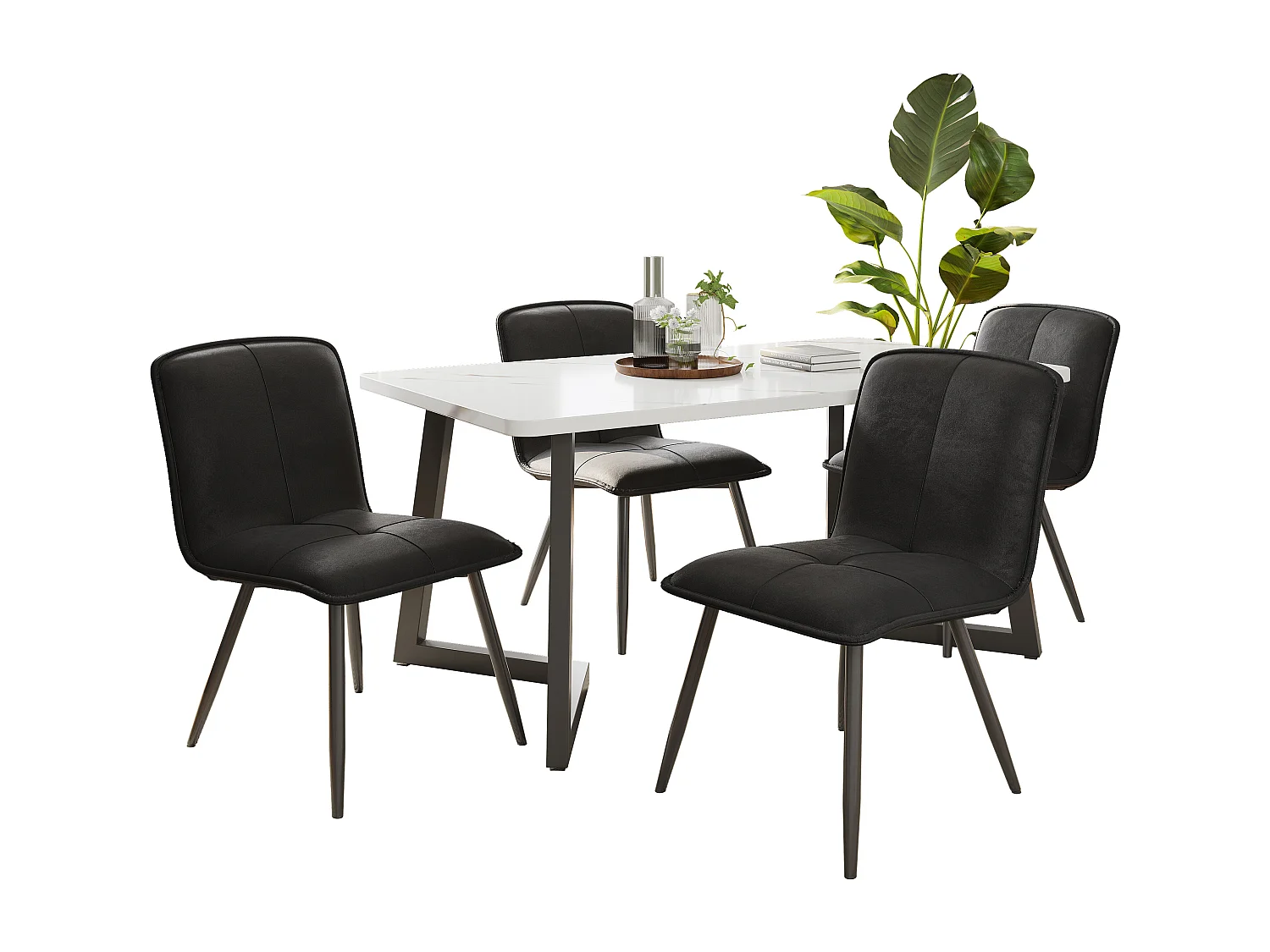 Lot de 4 Chaises de salle à manger avec dossier - 46x40x86 cm - Velours et Métal - Noir