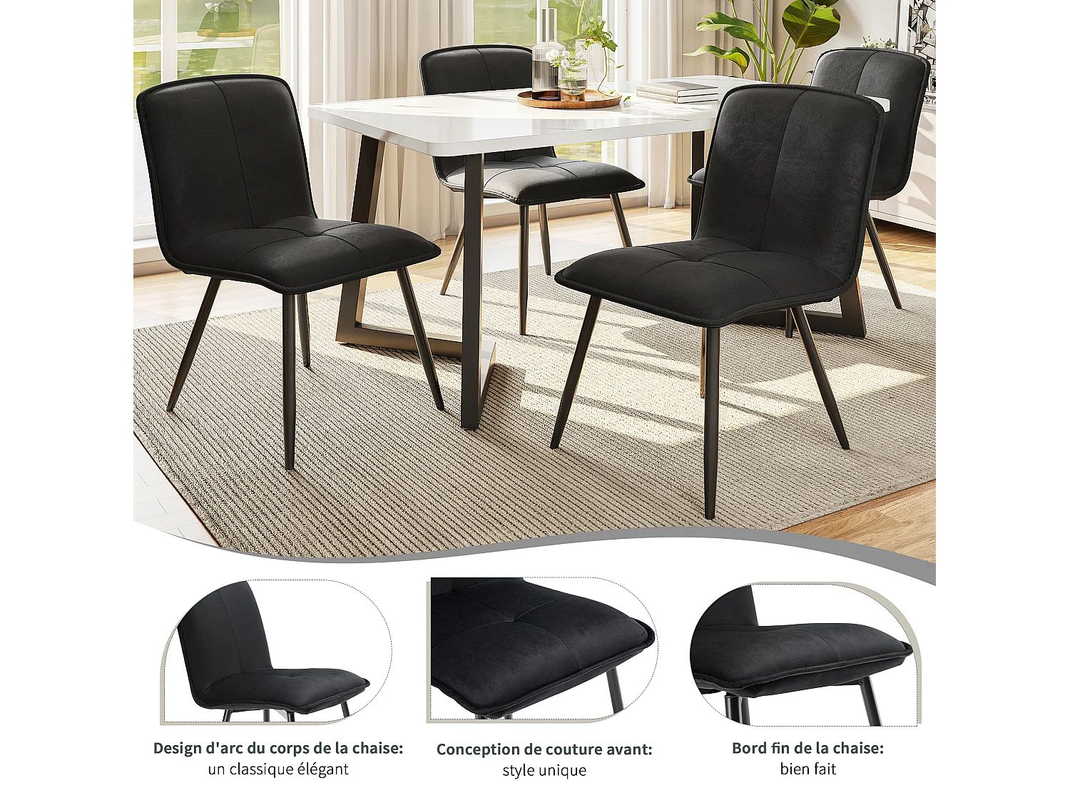 Lot de 4 Chaises de salle à manger avec dossier - 46x40x86 cm - Velours et Métal - Noir