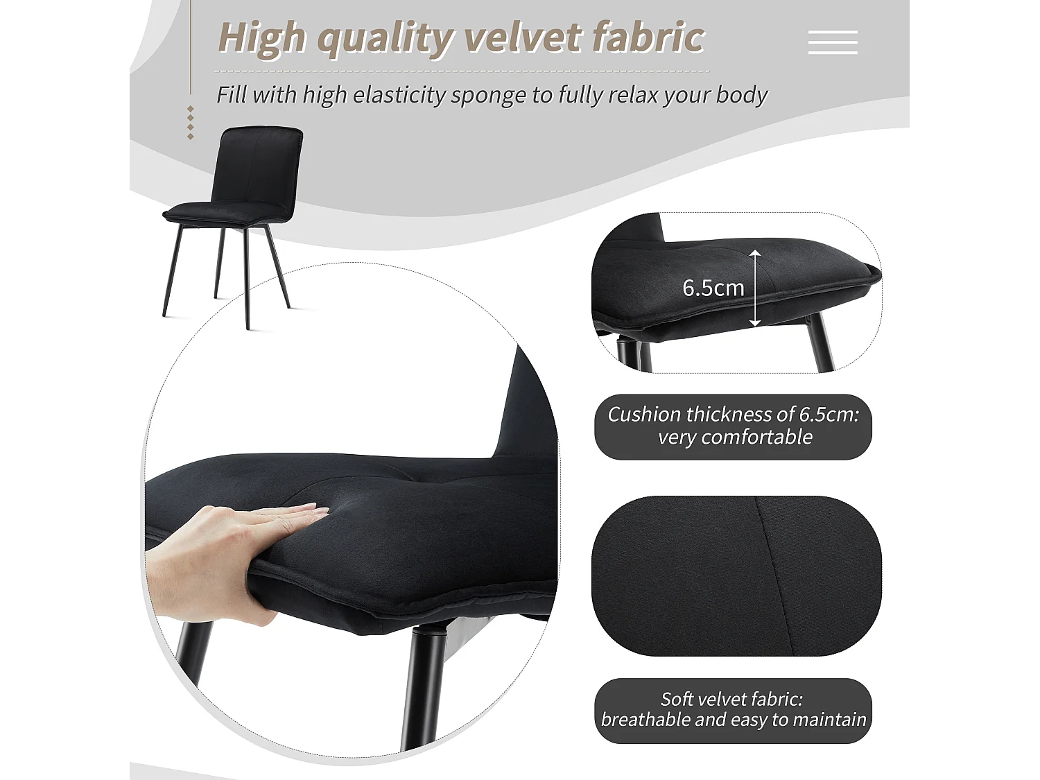 Lot de 4 Chaises de salle à manger avec dossier - 46x40x86 cm - Velours et Métal - Noir