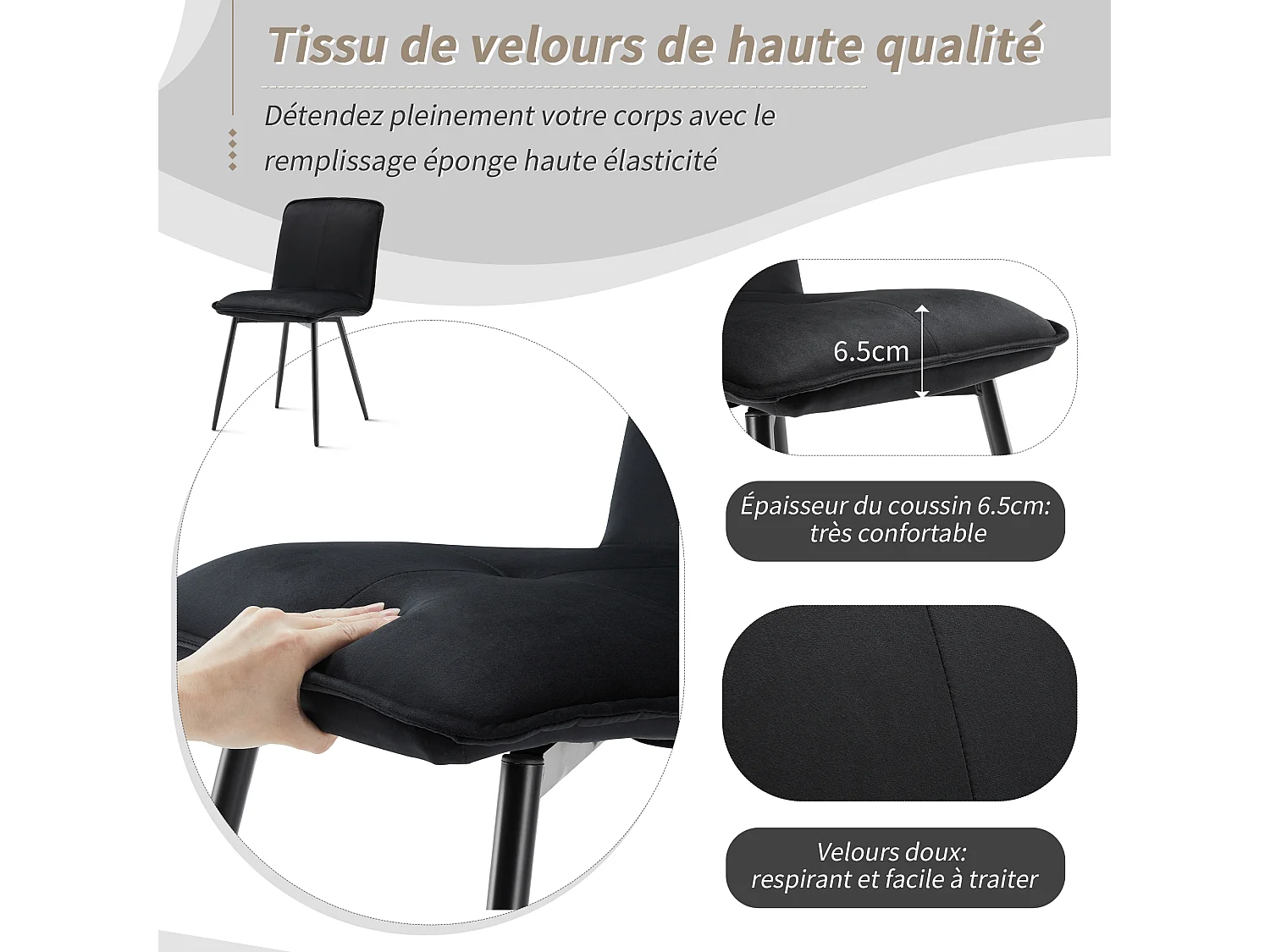 Lot de 4 Chaises de salle à manger avec dossier - 46x40x86 cm - Velours et Métal - Noir