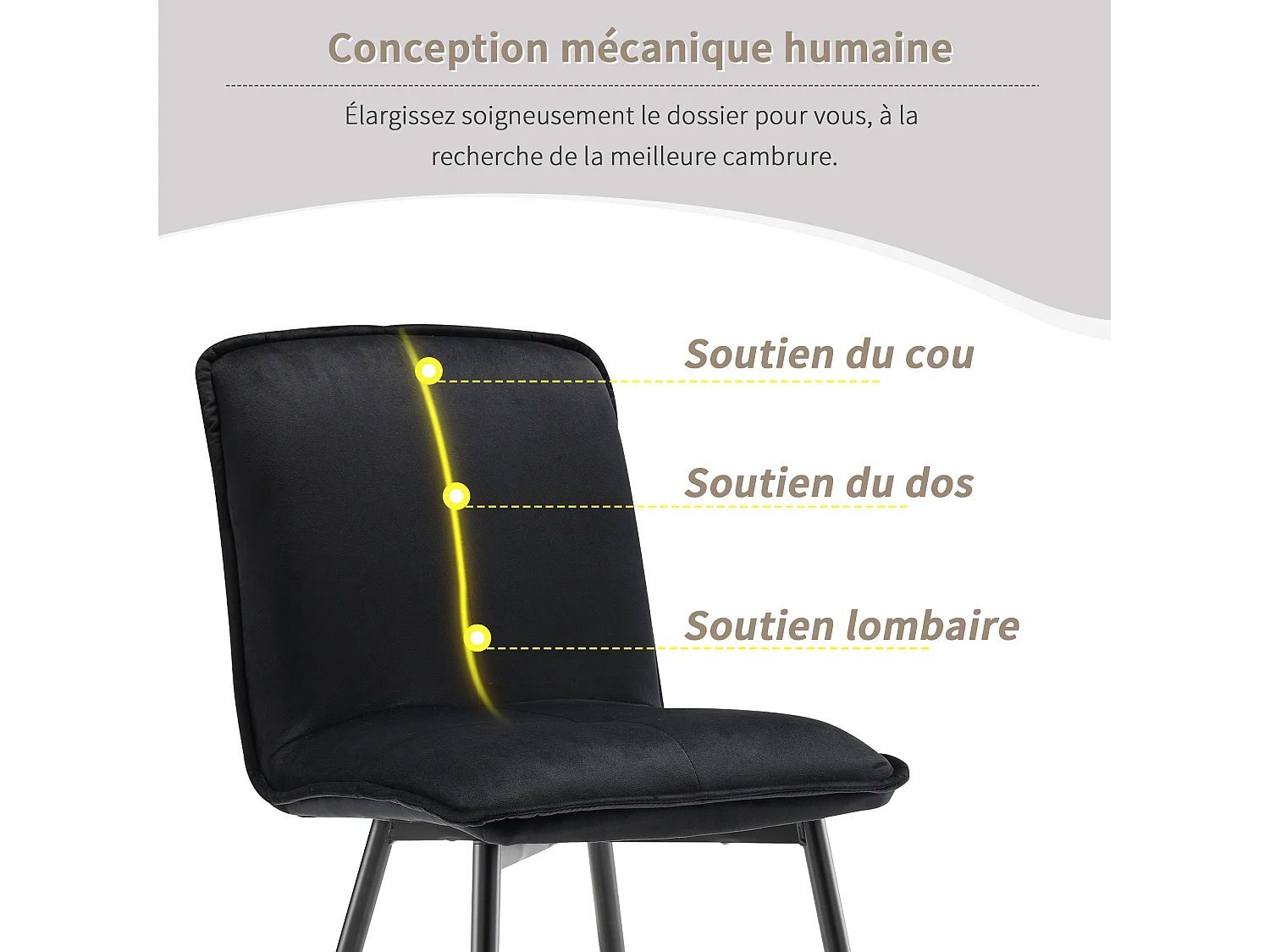 Lot de 4 Chaises de salle à manger avec dossier - 46x40x86 cm - Velours et Métal - Noir