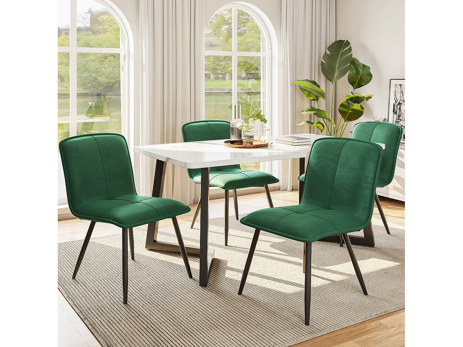 Lot de 4 Chaises de salle à manger avec dossier - 46x40x86 cm - Velours et Métal - Vert foncé