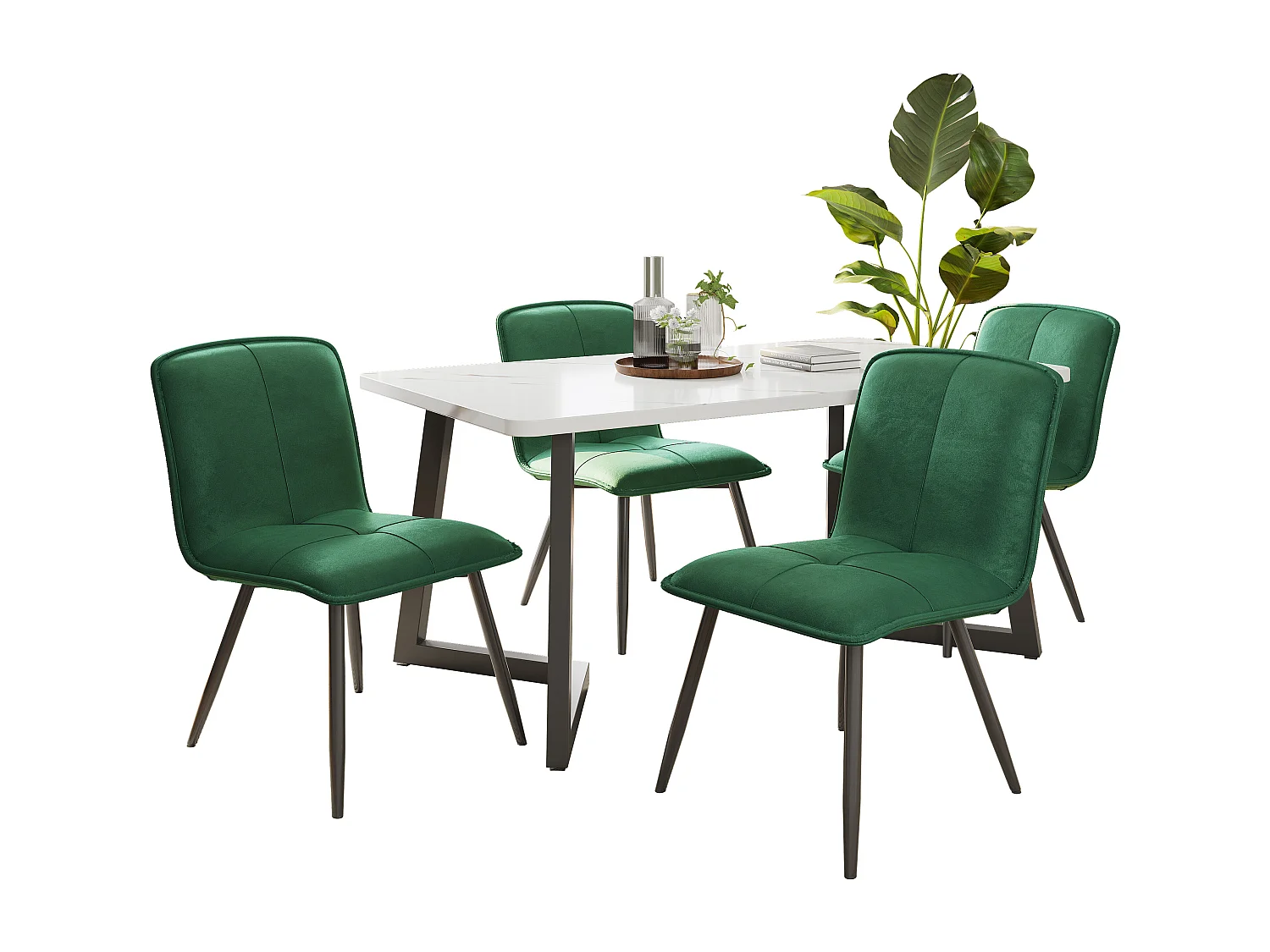 Lot de 4 Chaises de salle à manger avec dossier - 46x40x86 cm - Velours et Métal - Vert foncé