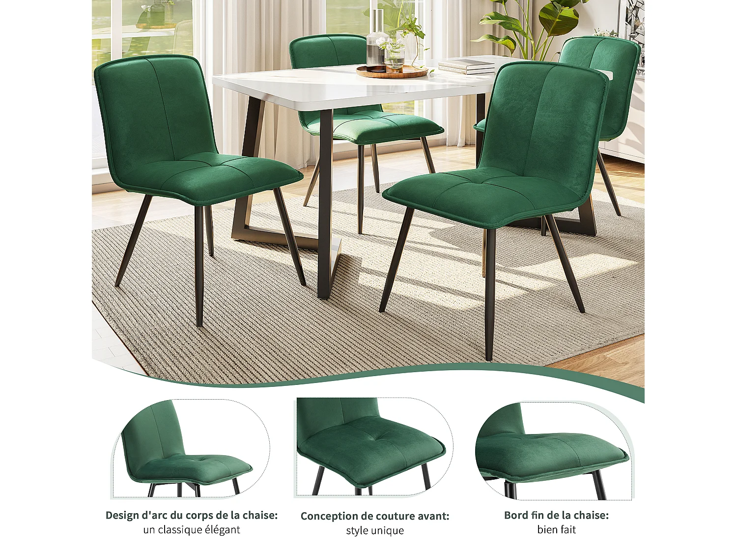 Lot de 4 Chaises de salle à manger avec dossier - 46x40x86 cm - Velours et Métal - Vert foncé
