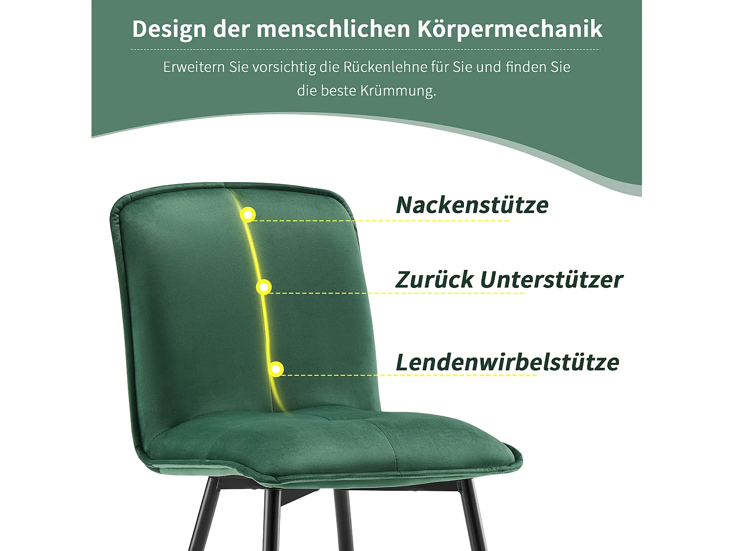 Lot de 4 Chaises de salle à manger avec dossier - 46x40x86 cm - Velours et Métal - Vert foncé