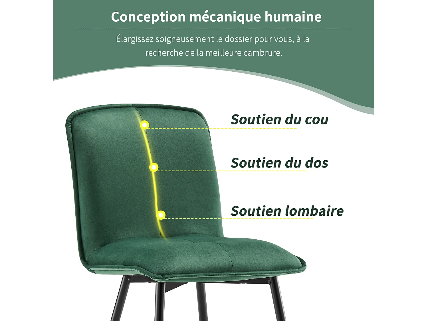 Lot de 4 Chaises de salle à manger avec dossier - 46x40x86 cm - Velours et Métal - Vert foncé