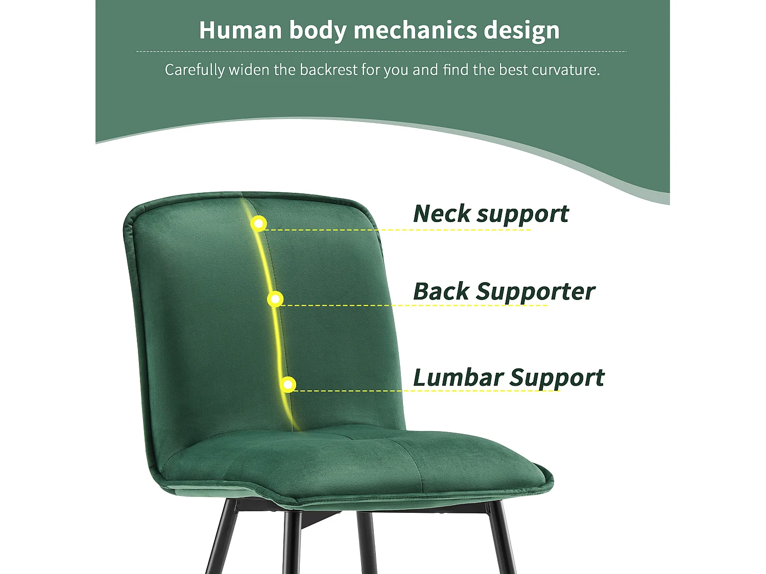 Lot de 4 Chaises de salle à manger avec dossier - 46x40x86 cm - Velours et Métal - Vert foncé