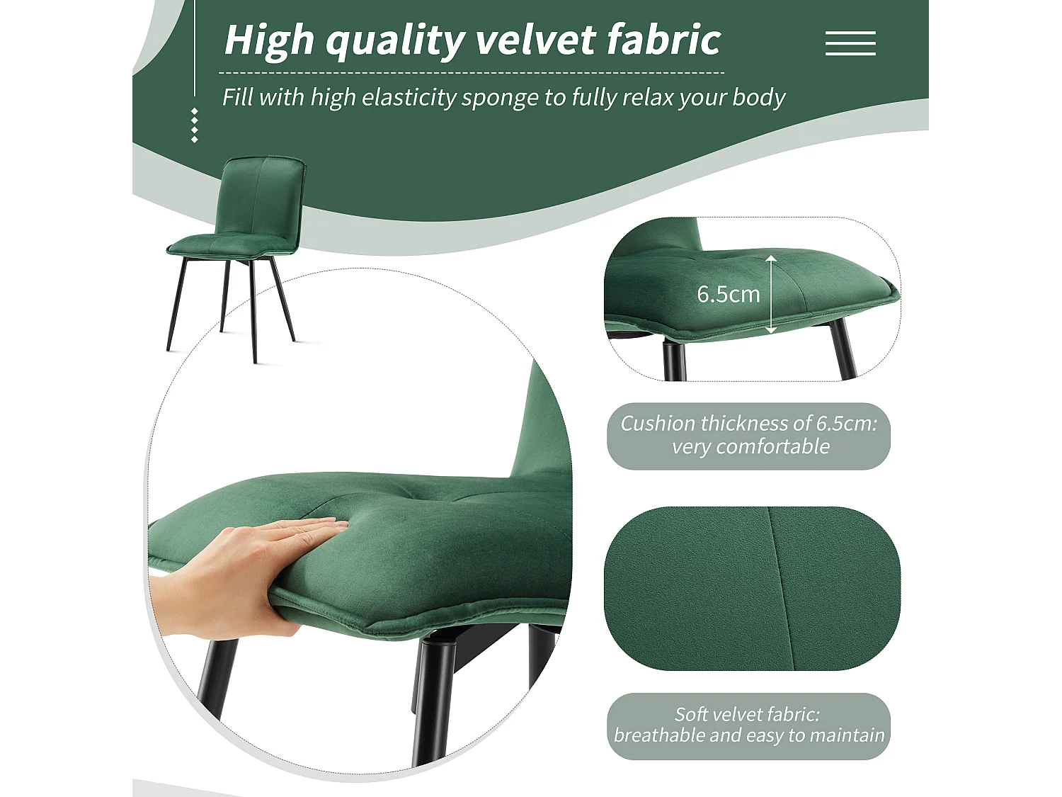 Lot de 4 Chaises de salle à manger avec dossier - 46x40x86 cm - Velours et Métal - Vert foncé