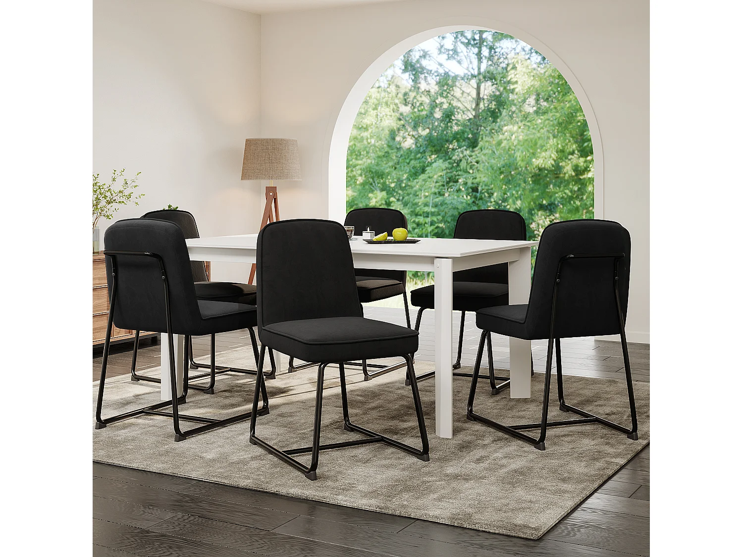 Set di 6 sedie da pranzo con schienale - 45x45x81,5 cm - Velluto e metallo - Nero