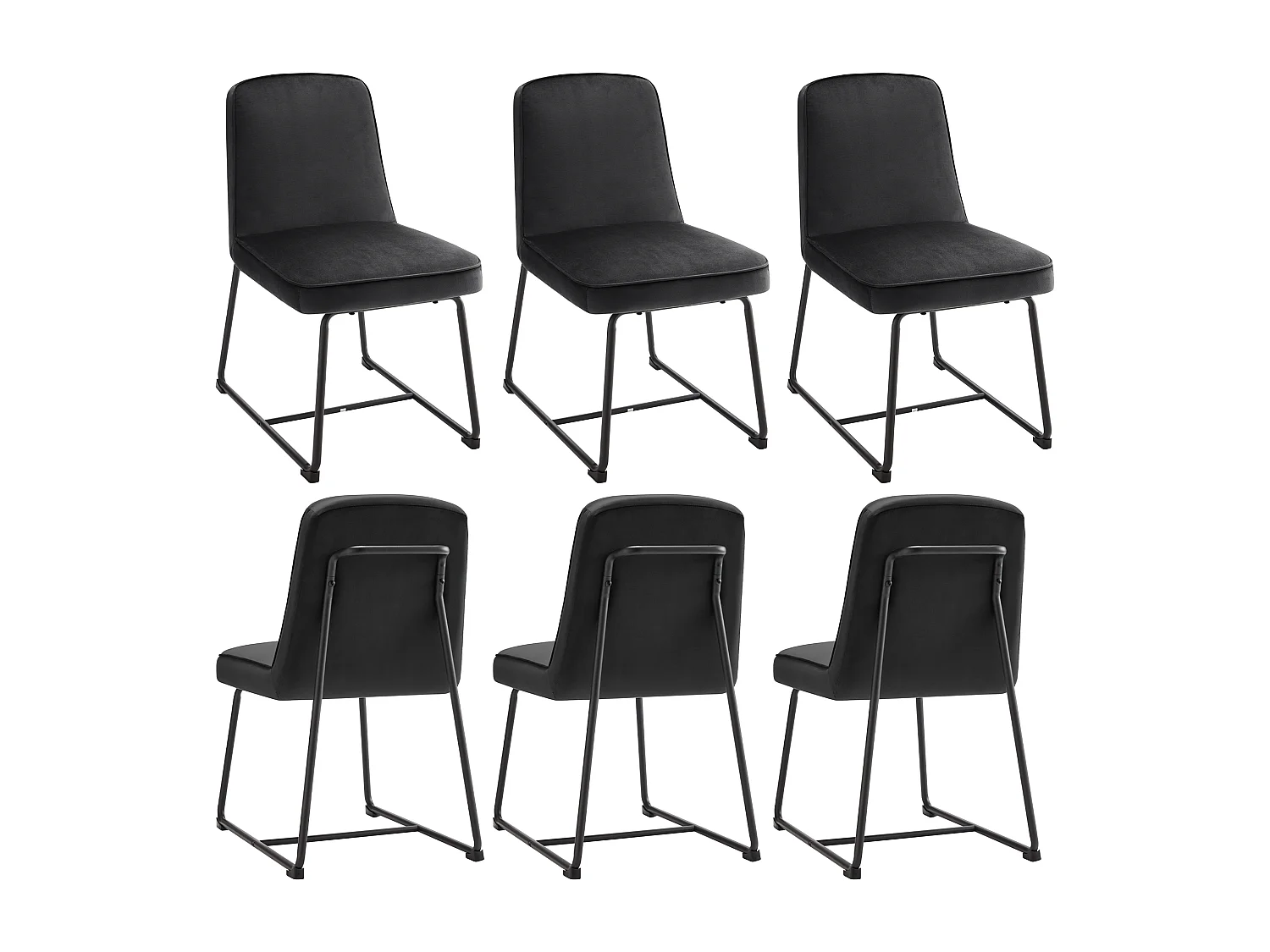 Set di 6 sedie da pranzo con schienale - 45x45x81,5 cm - Velluto e metallo - Nero