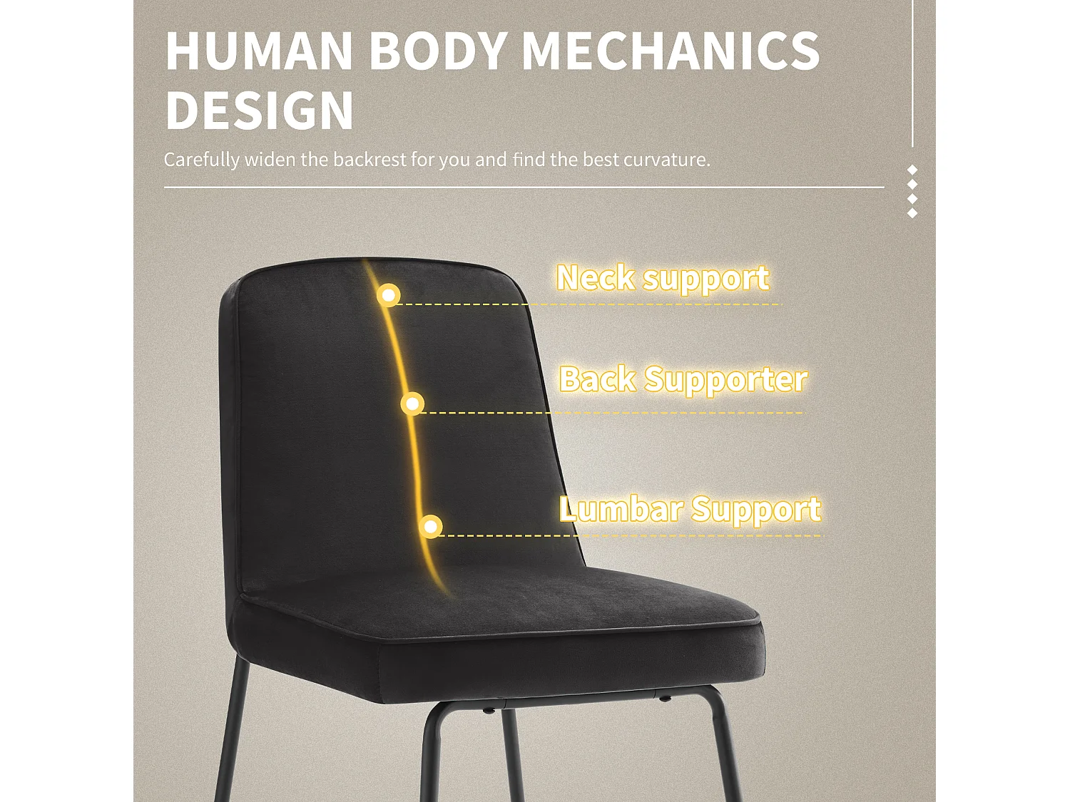 Set di 6 sedie da pranzo con schienale - 45x45x81,5 cm - Velluto e metallo - Nero