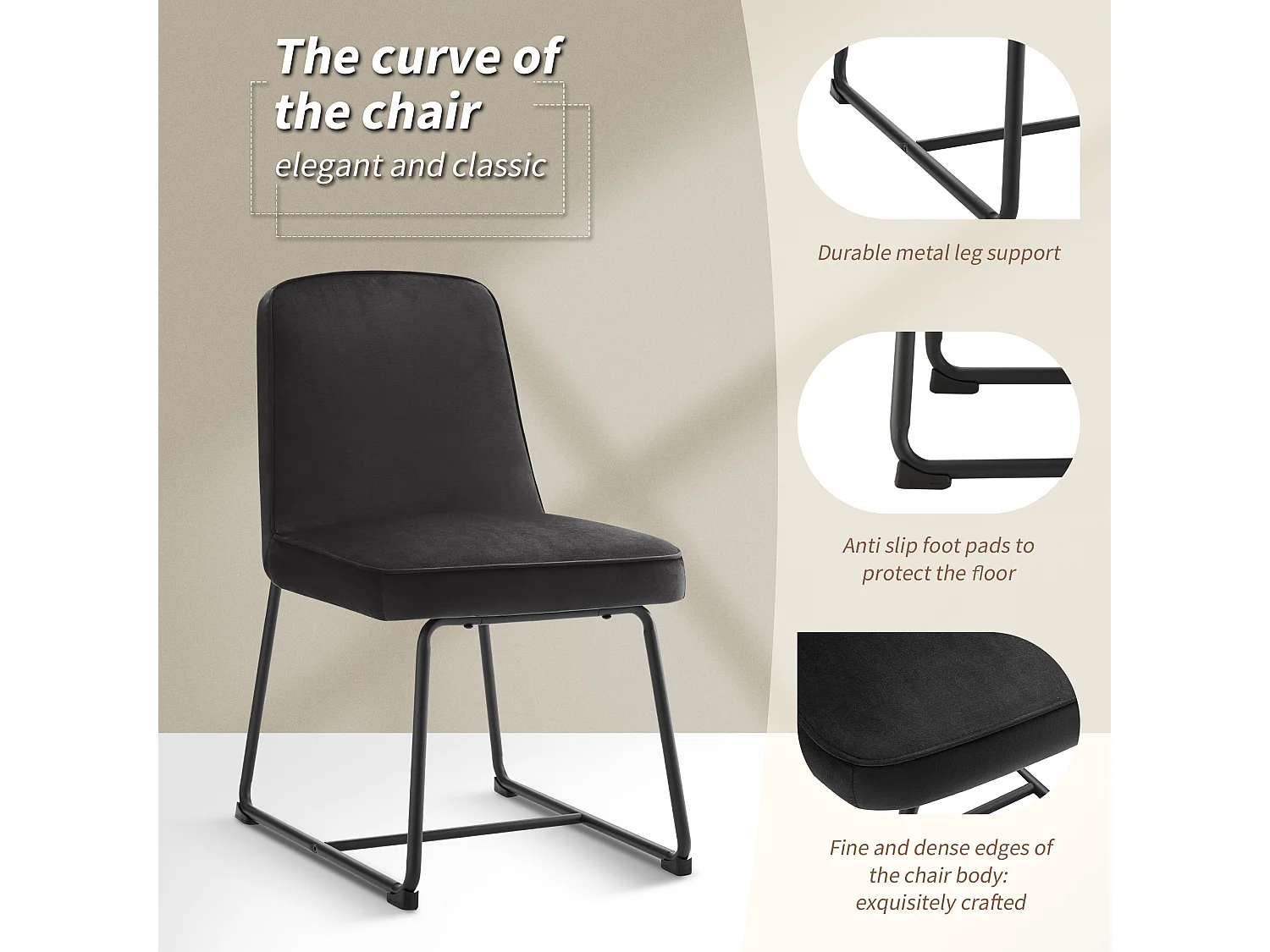 Set di 6 sedie da pranzo con schienale - 45x45x81,5 cm - Velluto e metallo - Nero