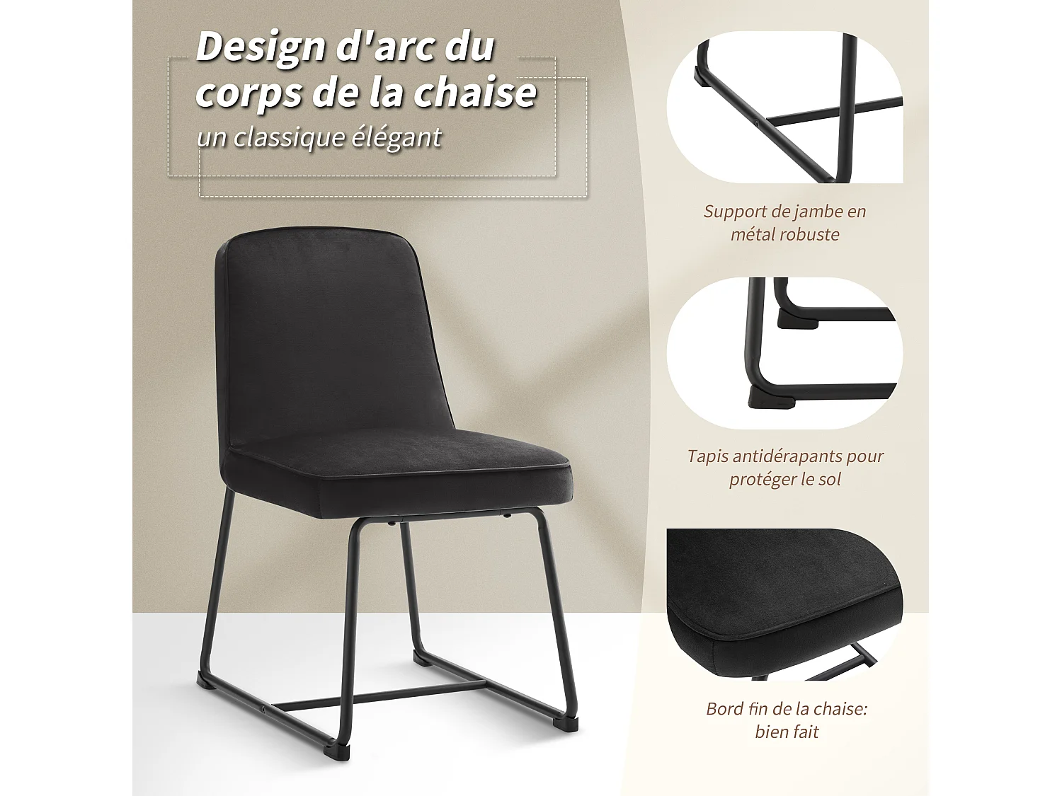 Set di 6 sedie da pranzo con schienale - 45x45x81,5 cm - Velluto e metallo - Nero