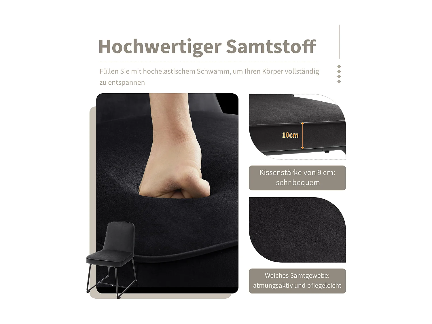 Set di 6 sedie da pranzo con schienale - 45x45x81,5 cm - Velluto e metallo - Nero