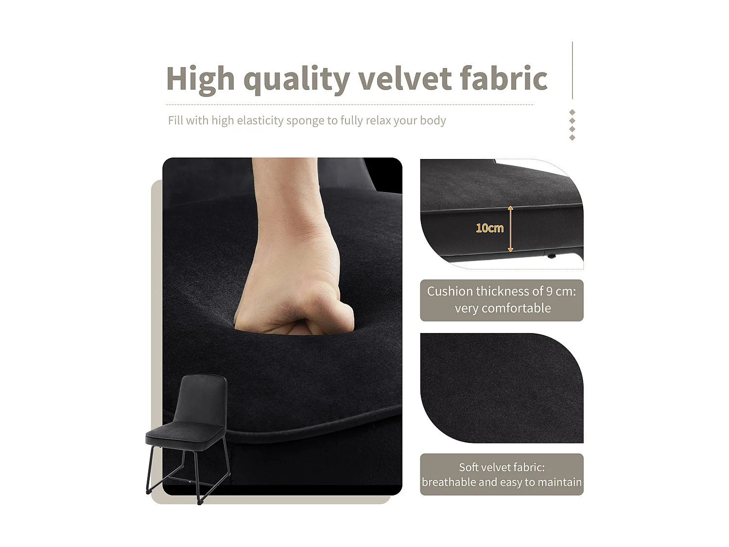 Set di 6 sedie da pranzo con schienale - 45x45x81,5 cm - Velluto e metallo - Nero