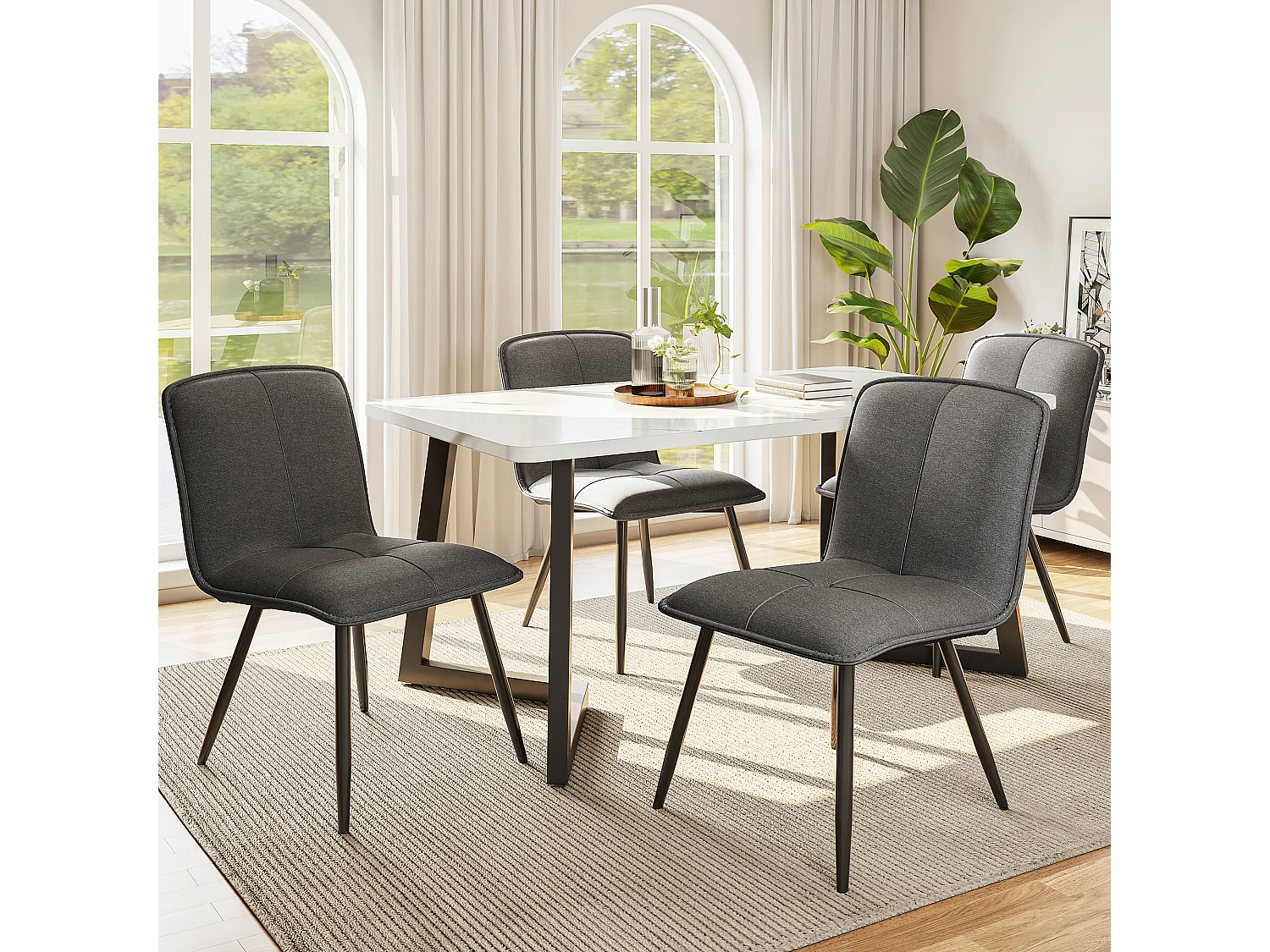 Lot de 4 Chaises de salle à manger avec dossier - 46x40x86 cm - Coton Lin et Métal - Gris