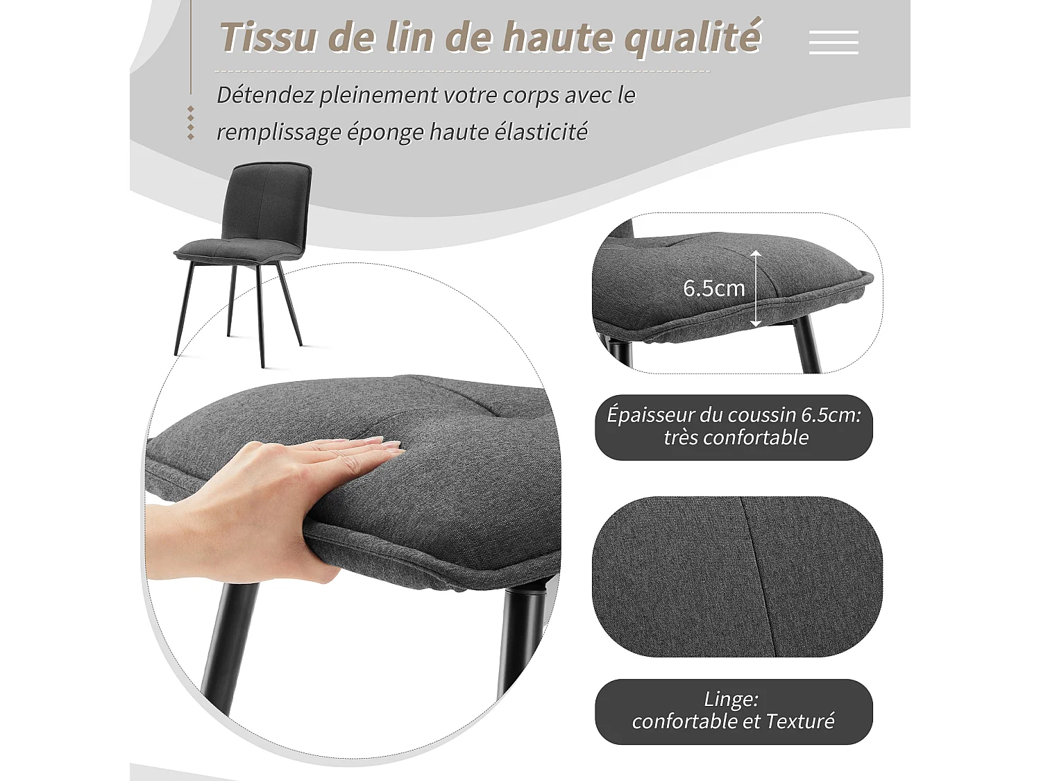 Lot de 4 Chaises de salle à manger avec dossier - 46x40x86 cm - Coton Lin et Métal - Gris