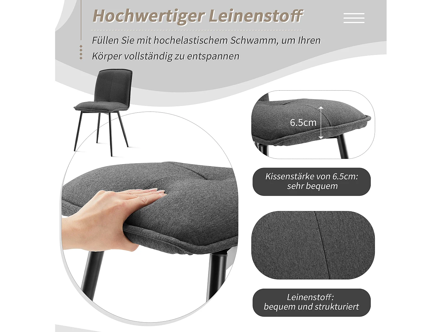 Lot de 4 Chaises de salle à manger avec dossier - 46x40x86 cm - Coton Lin et Métal - Gris