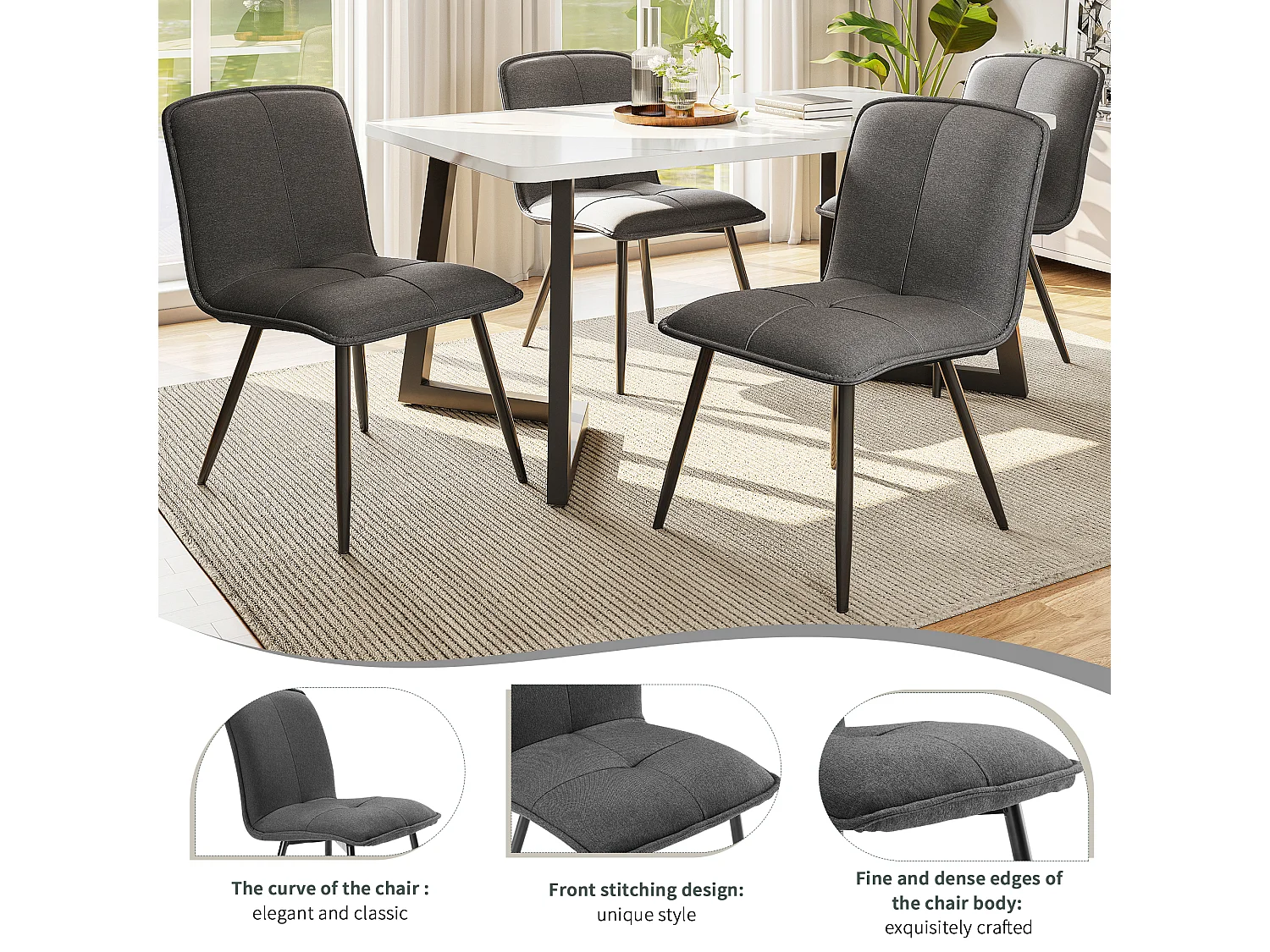 Lot de 4 Chaises de salle à manger avec dossier - 46x40x86 cm - Coton Lin et Métal - Gris