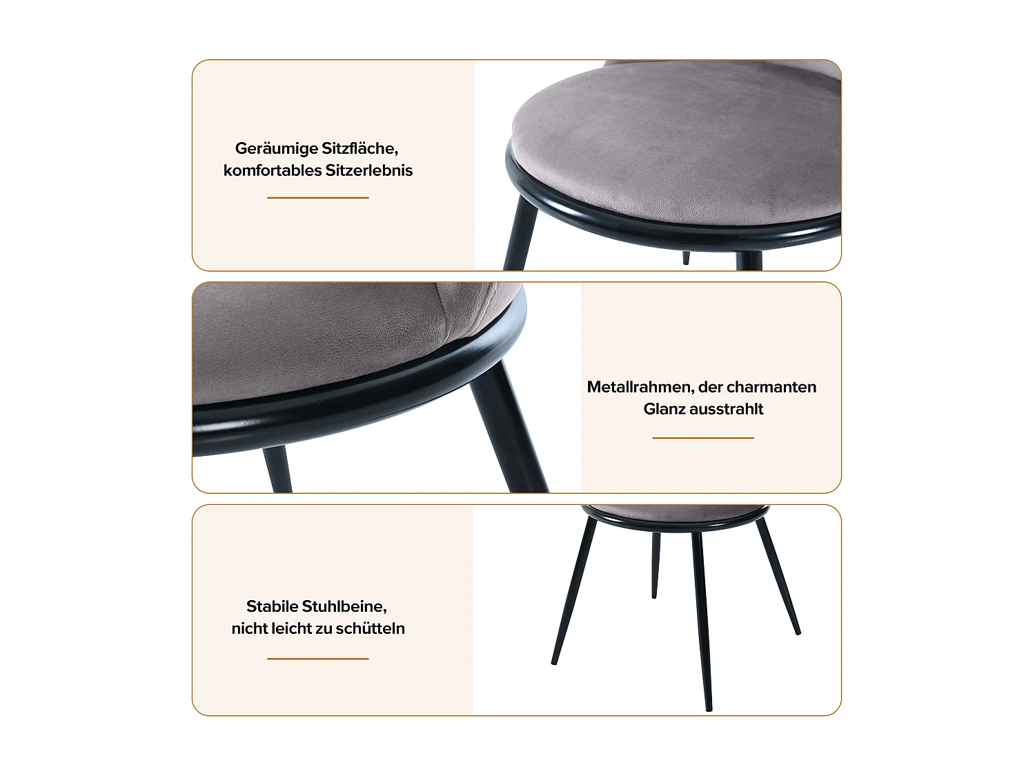 Juego de 4 sillas de comedor - 44×41×88 cm, terciopelo y metal, máx. 150 kg, gris + negro