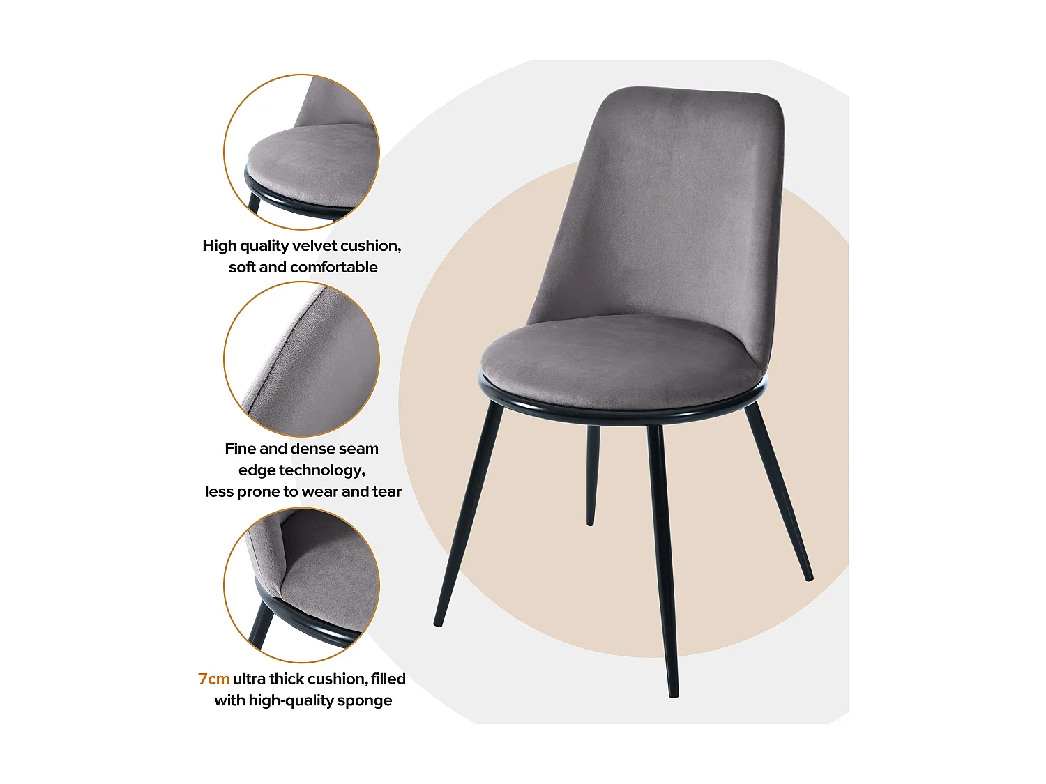 Juego de 4 sillas de comedor - 44×41×88 cm, terciopelo y metal, máx. 150 kg, gris + negro