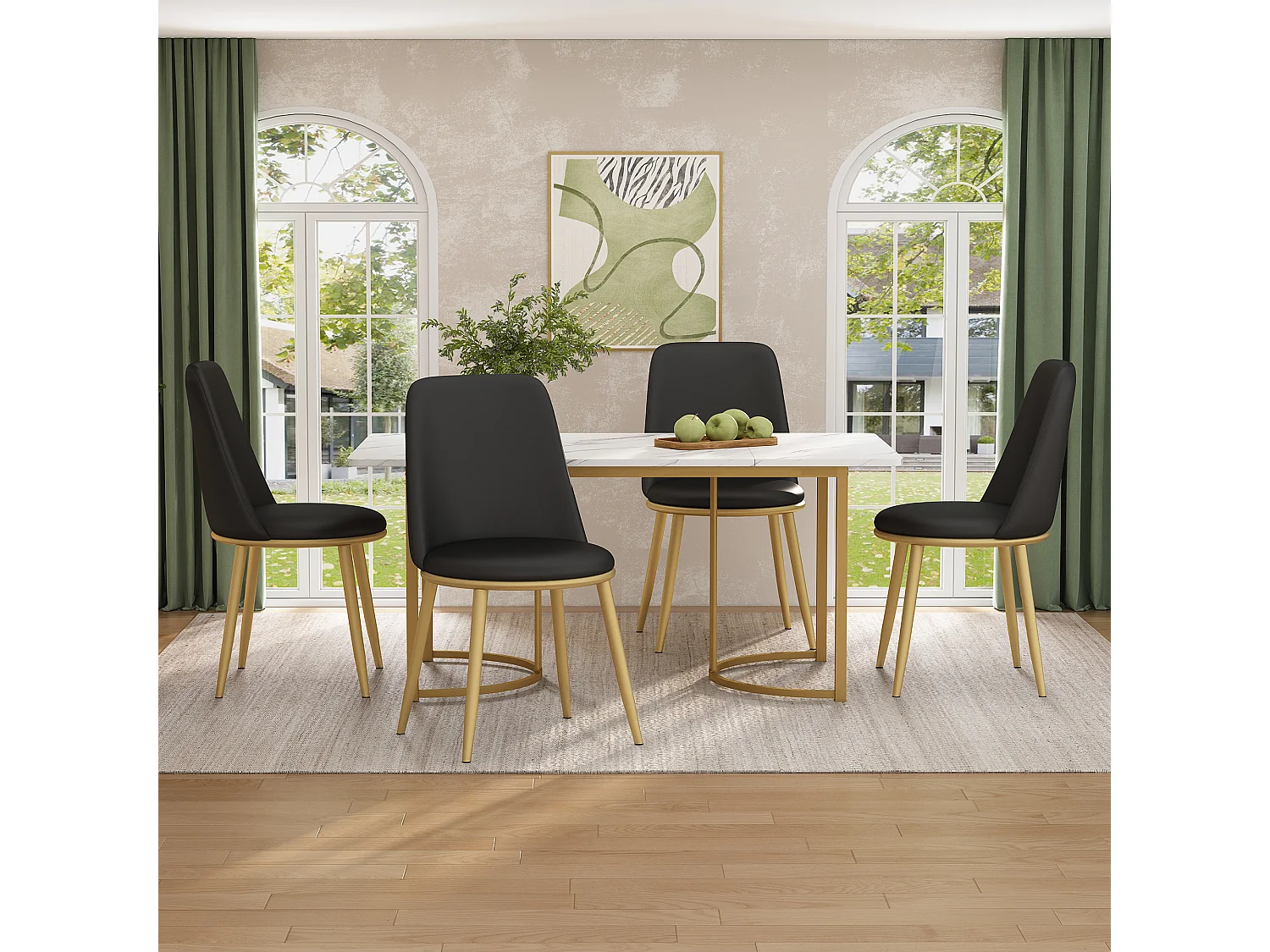 Set van 4 eetkamerstoelen - 44×41×88 cm, ronde rugleuning, poten van goudkleurig metaal, max. 150 kg, zwart