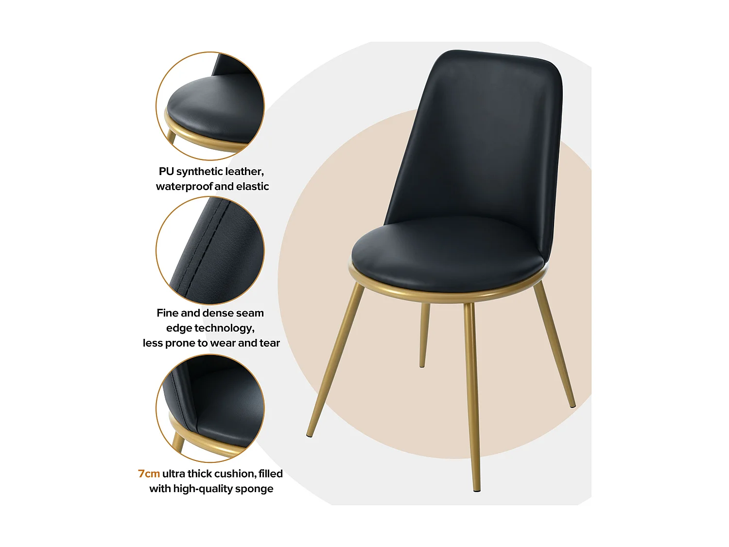 Set van 4 eetkamerstoelen - 44×41×88 cm, ronde rugleuning, poten van goudkleurig metaal, max. 150 kg, zwart