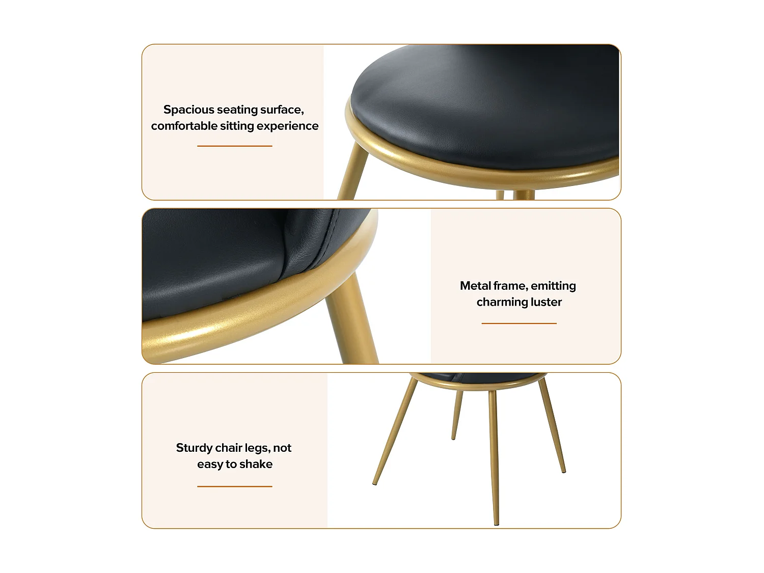 Set van 4 eetkamerstoelen - 44×41×88 cm, ronde rugleuning, poten van goudkleurig metaal, max. 150 kg, zwart