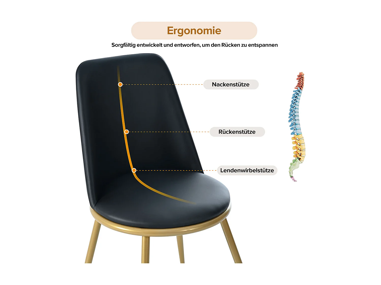Set van 4 eetkamerstoelen - 44×41×88 cm, ronde rugleuning, poten van goudkleurig metaal, max. 150 kg, zwart