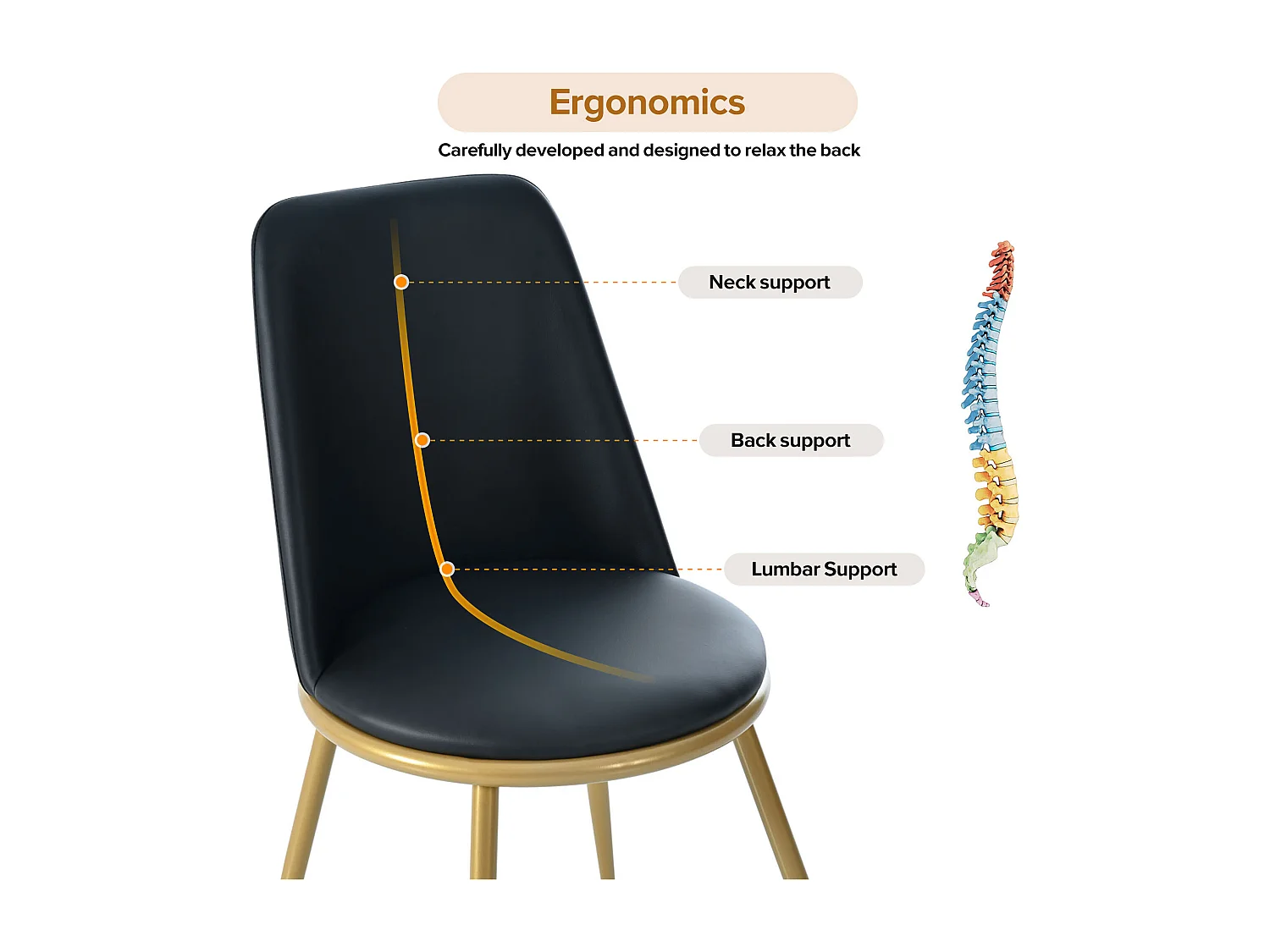 Set van 4 eetkamerstoelen - 44×41×88 cm, ronde rugleuning, poten van goudkleurig metaal, max. 150 kg, zwart