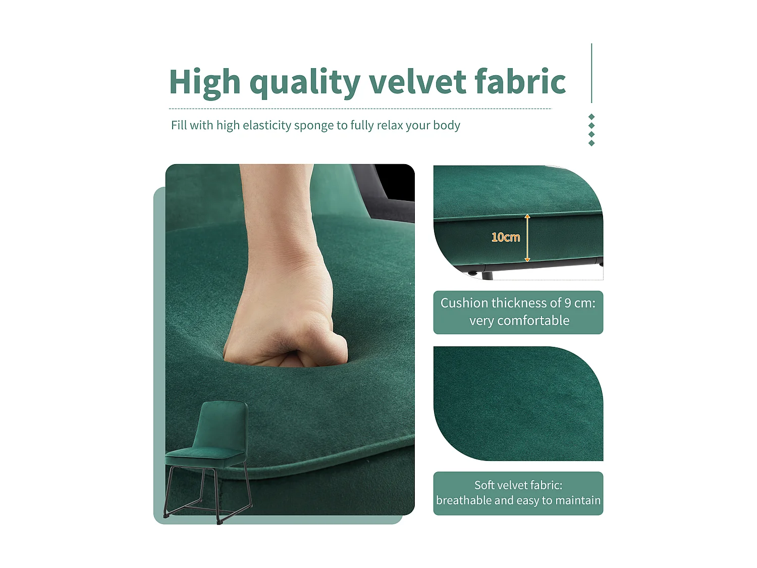 Set di 6 sedie da pranzo con schienale - 46x45x81,5 cm - Velluto e metallo - Verde