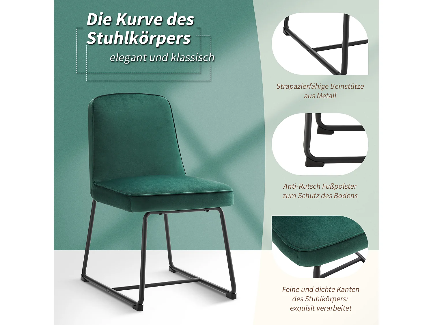 Set van 6 eetkamerstoelen met rugleuning - 46x45x81,5 cm - Fluweel en metaal - Groen