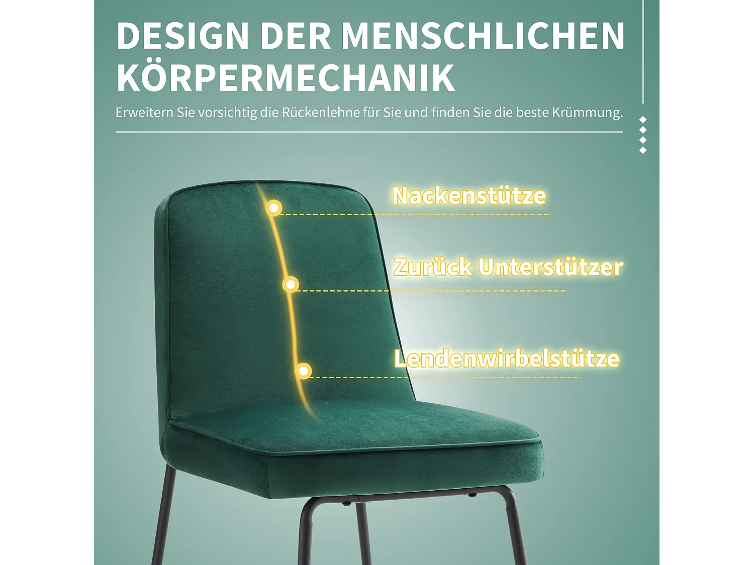 Set van 6 eetkamerstoelen met rugleuning - 46x45x81,5 cm - Fluweel en metaal - Groen