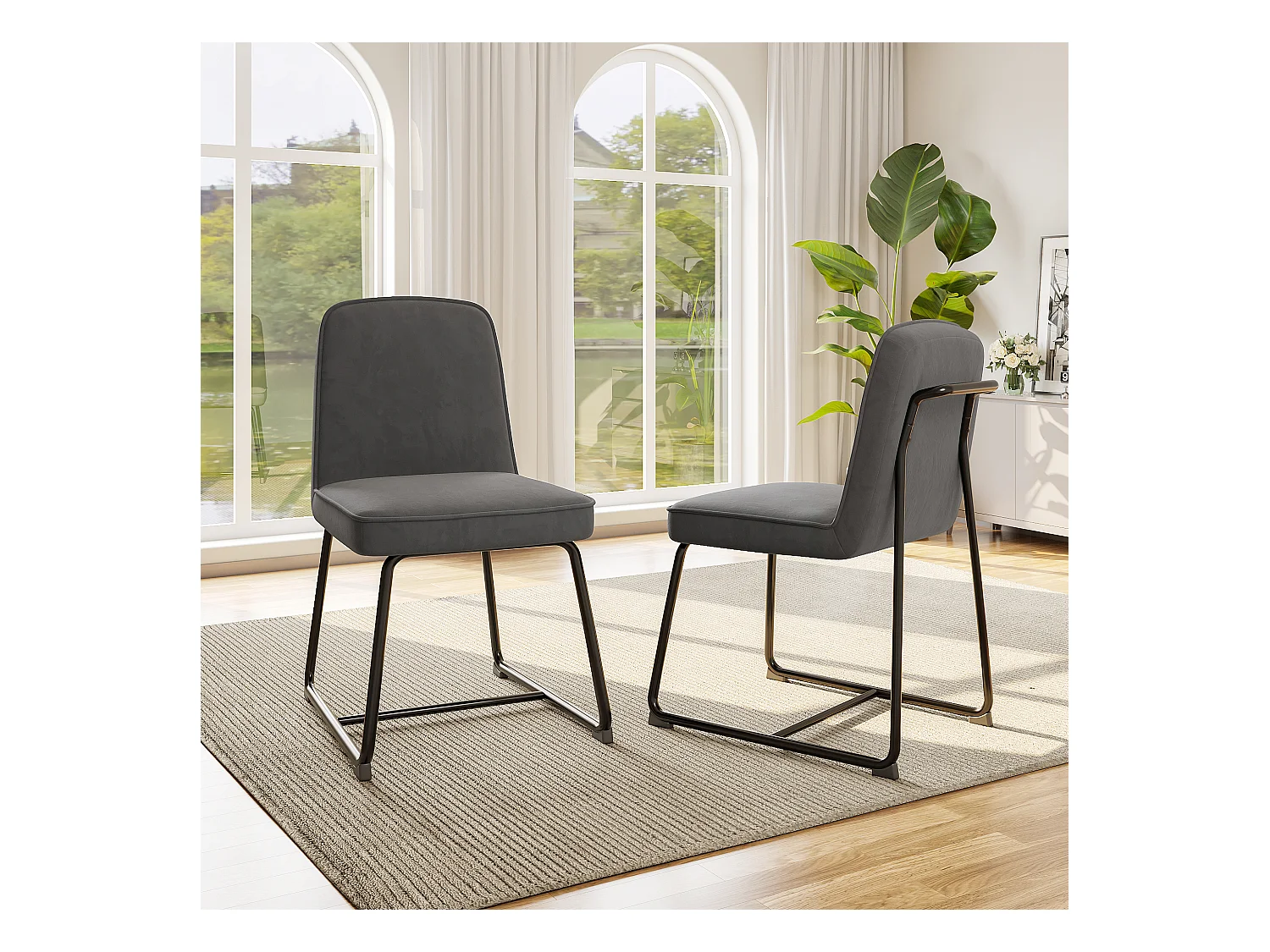 Set di 2 sedie da pranzo con schienale - 45x45x81,5 cm - Velluto e metallo - Grigio