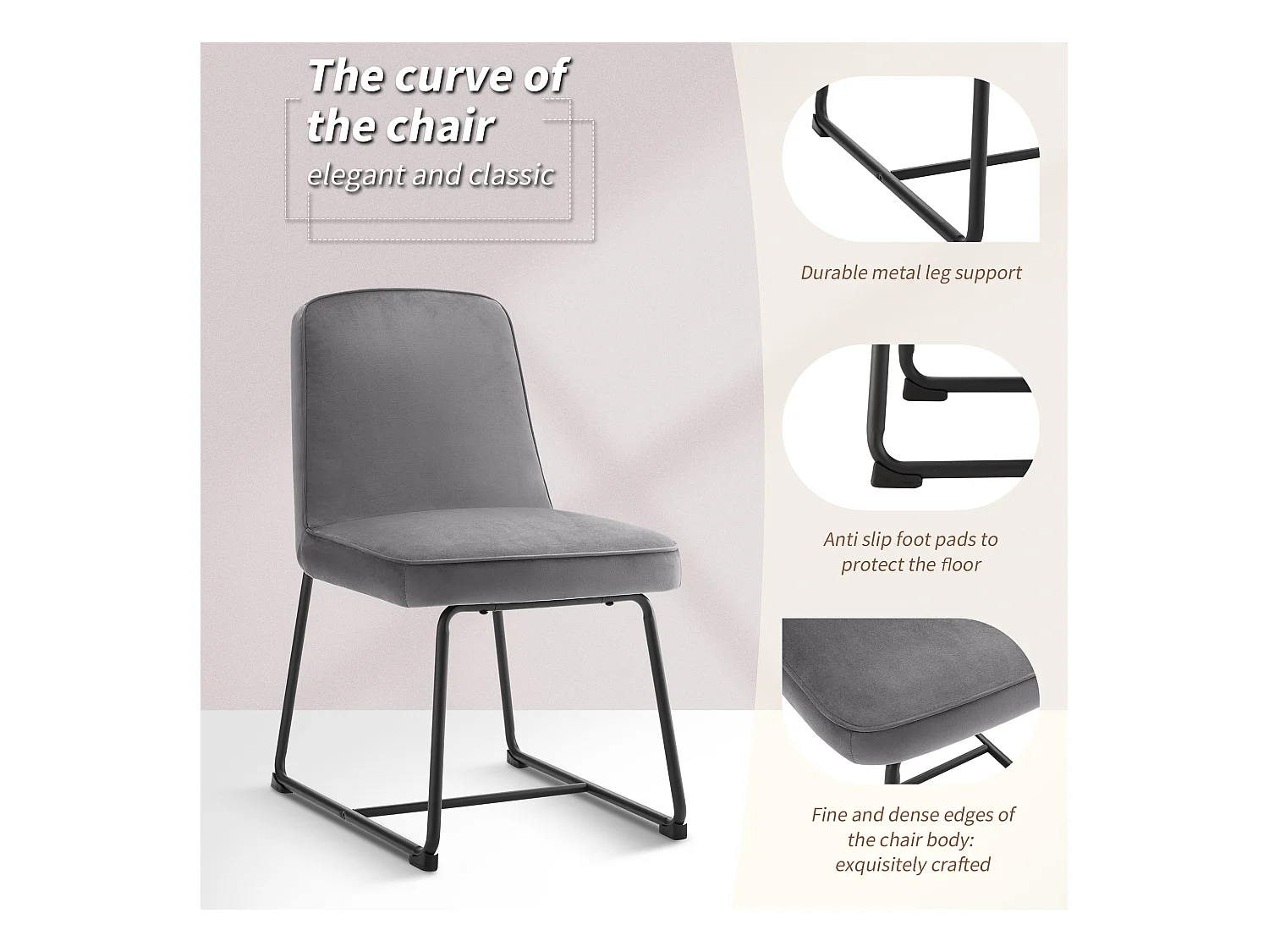 Set di 2 sedie da pranzo con schienale - 45x45x81,5 cm - Velluto e metallo - Grigio