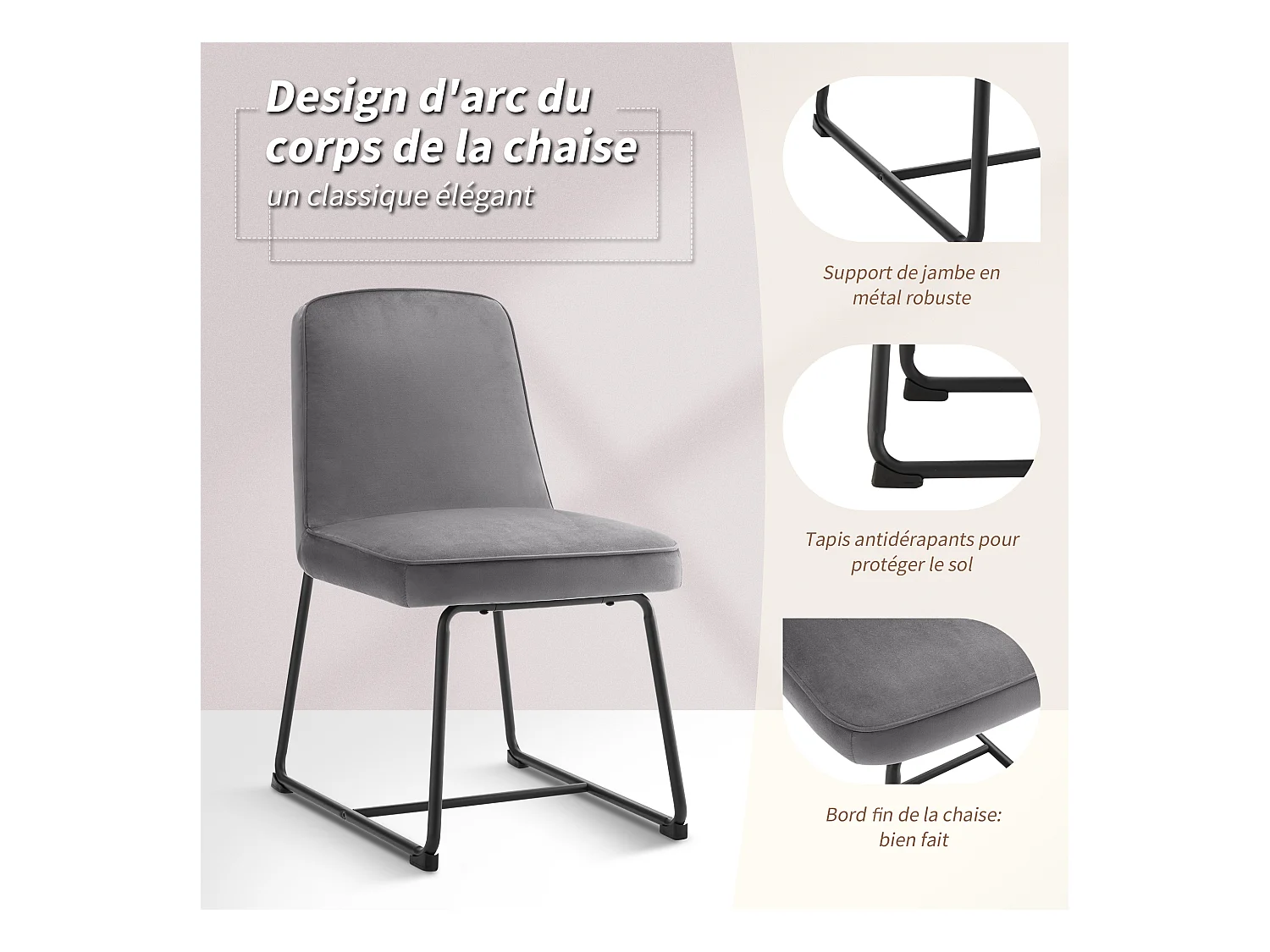 Set di 2 sedie da pranzo con schienale - 45x45x81,5 cm - Velluto e metallo - Grigio