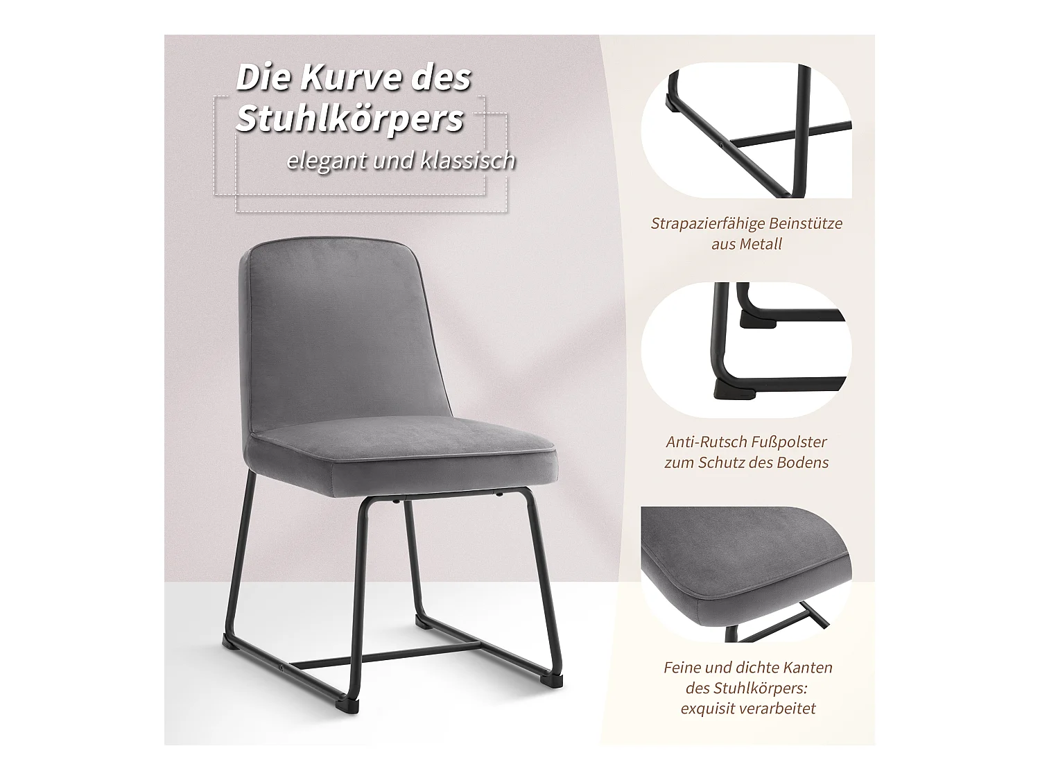 Set di 2 sedie da pranzo con schienale - 45x45x81,5 cm - Velluto e metallo - Grigio