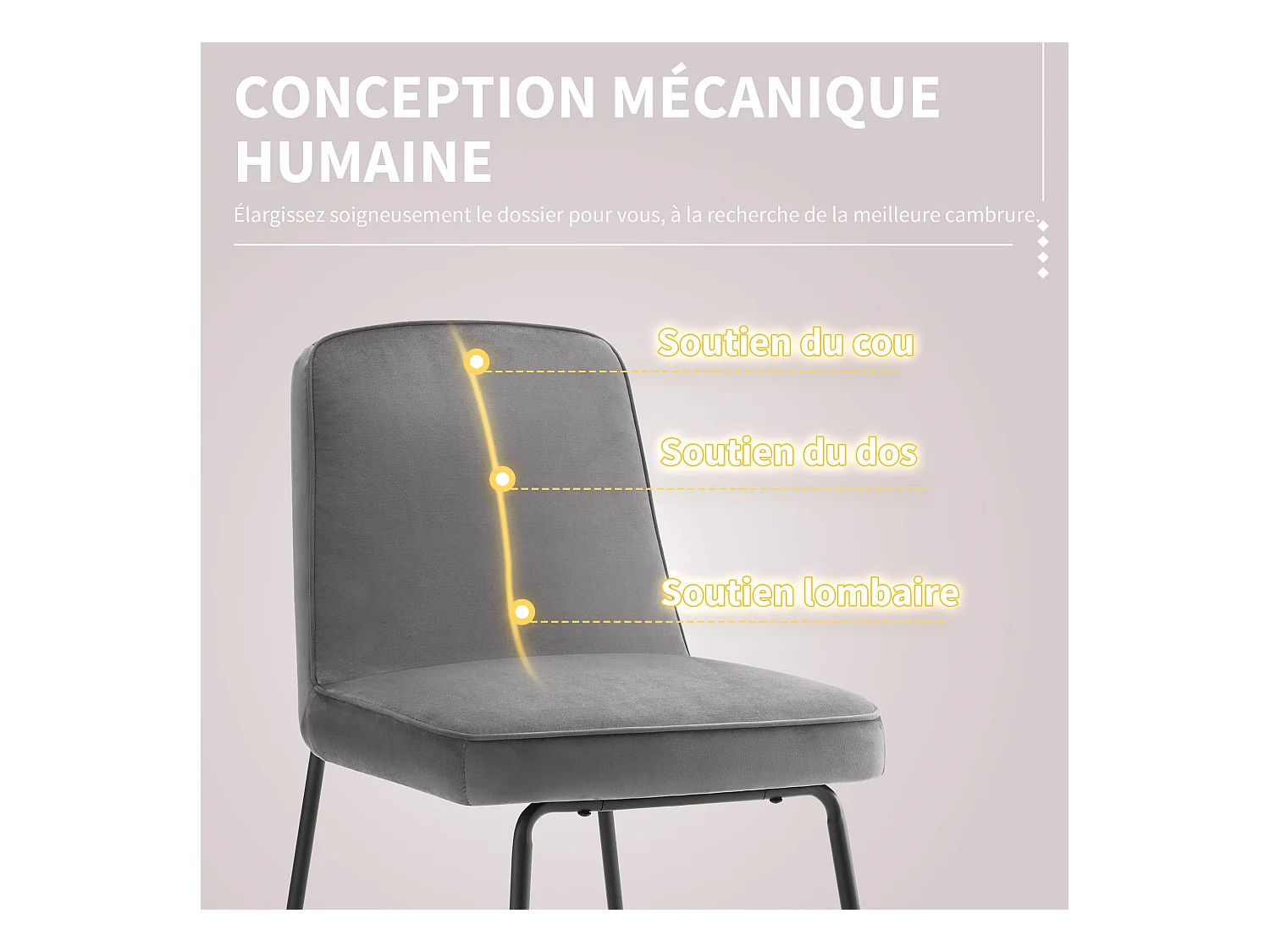 Set di 2 sedie da pranzo con schienale - 45x45x81,5 cm - Velluto e metallo - Grigio