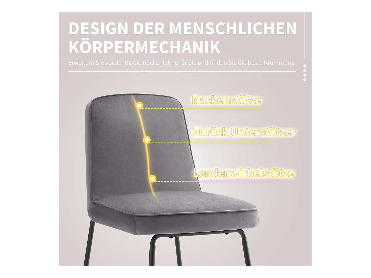 Set di 2 sedie da pranzo con schienale - 45x45x81,5 cm - Velluto e metallo - Grigio