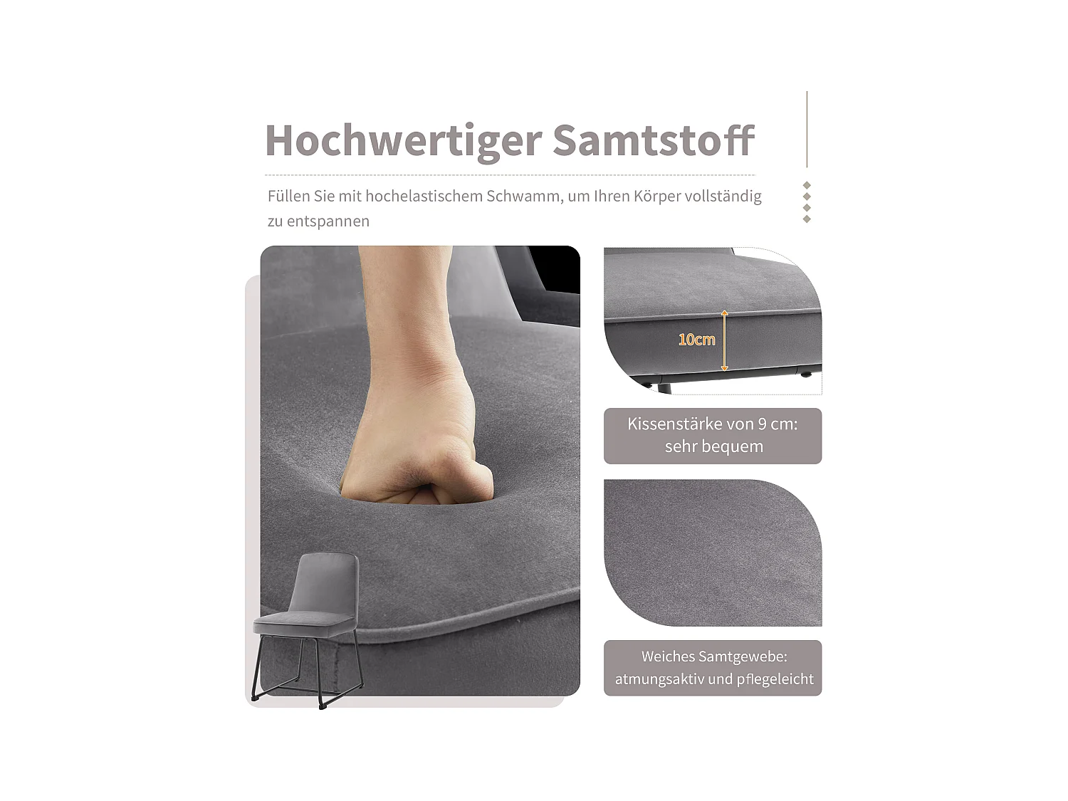 Set di 2 sedie da pranzo con schienale - 45x45x81,5 cm - Velluto e metallo - Grigio