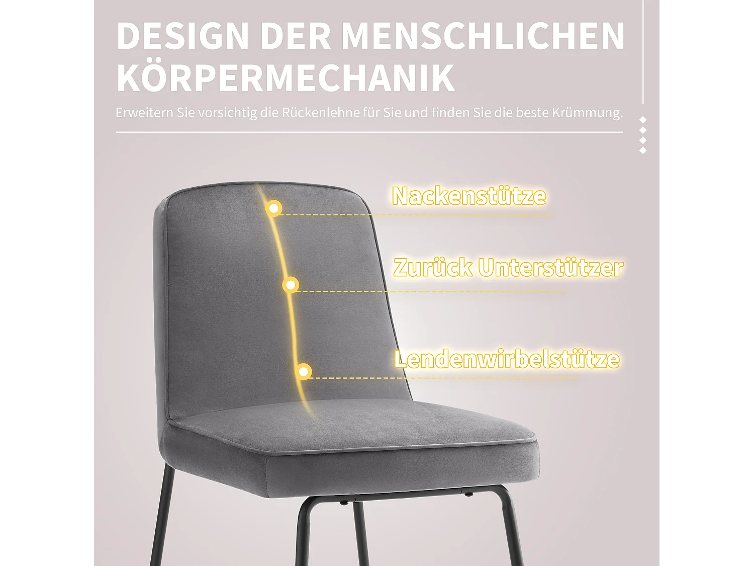 Set van 4 eetkamerstoelen met rugleuning - 45x45x81,5 cm - Fluweel en metaal - Grijs