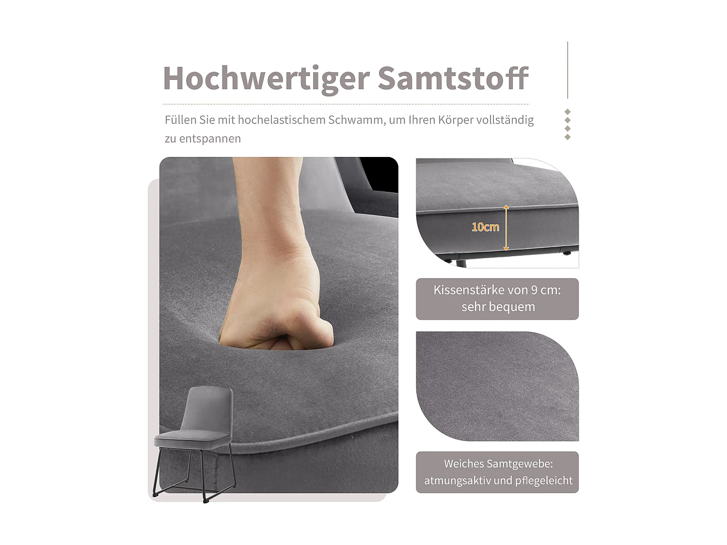 Set van 4 eetkamerstoelen met rugleuning - 45x45x81,5 cm - Fluweel en metaal - Grijs