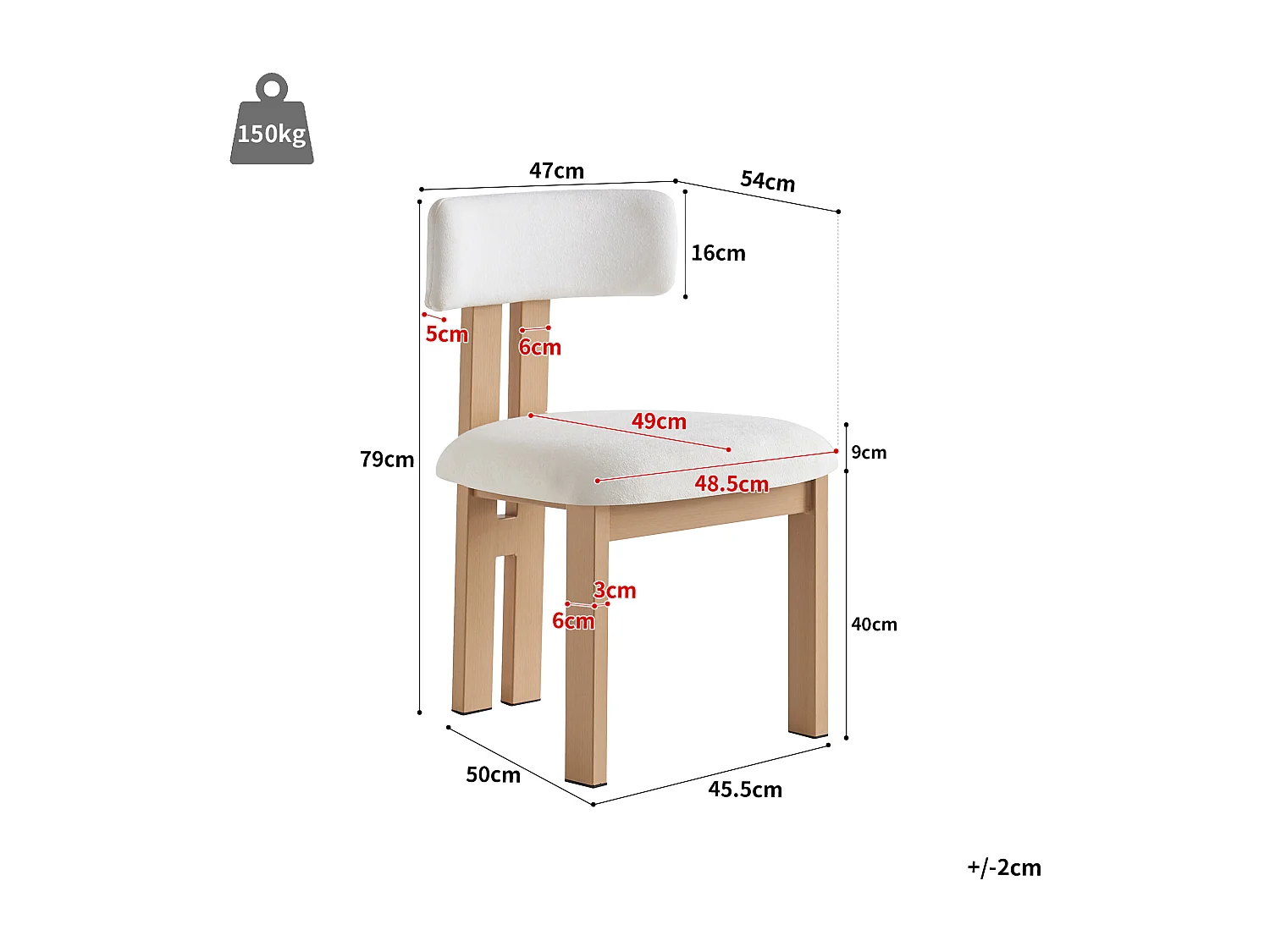 Lot de 2 Chaises de salle à manger - 45.8×54×79 chaise en tissu et Métal, Blanc