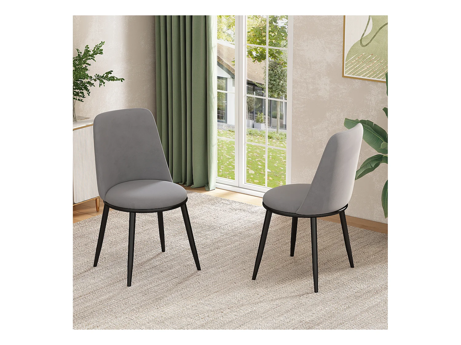 Lot de 2 Chaises de salle à manger -44×41×88 cm, en velours et métal,150 kg max, gris+noir