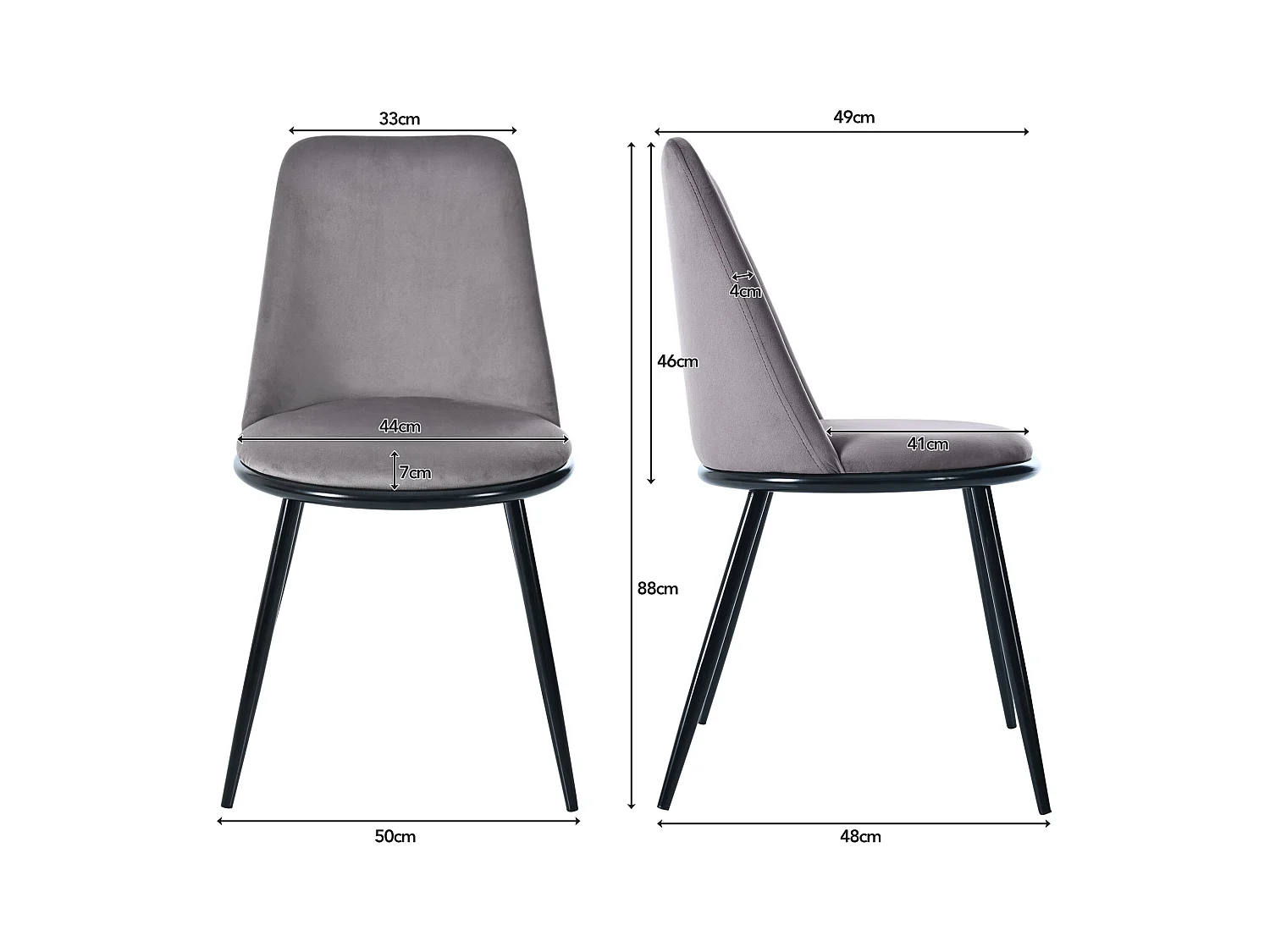 Lot de 2 Chaises de salle à manger -44×41×88 cm, en velours et métal,150 kg max, gris+noir