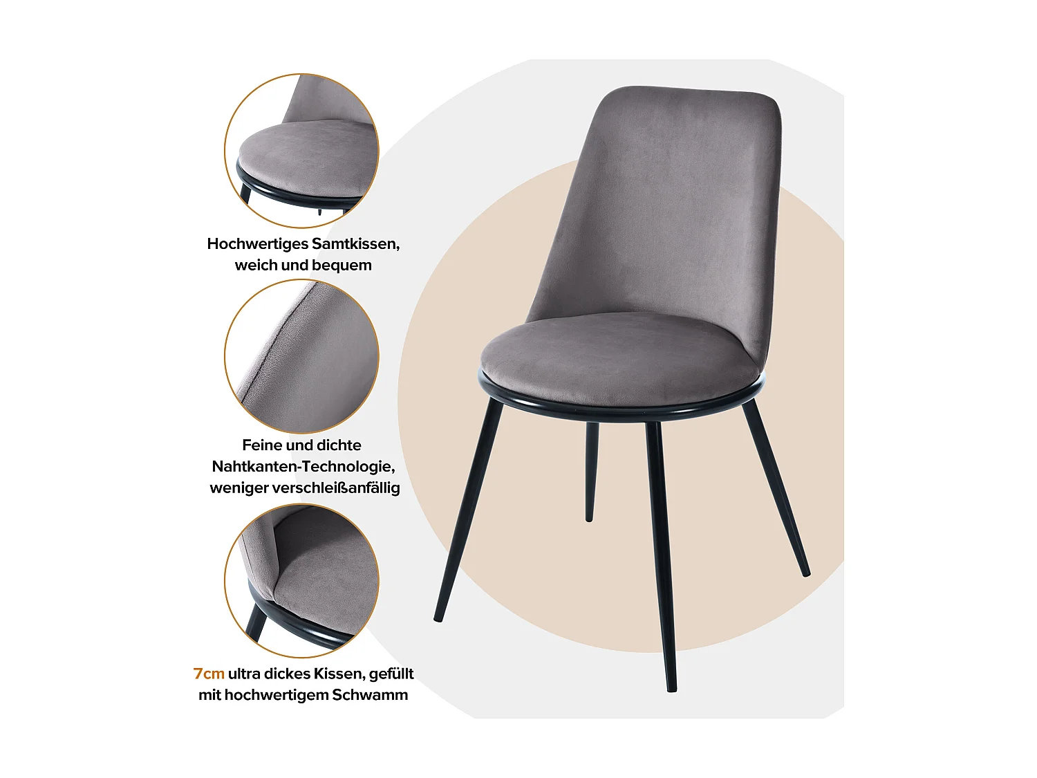 Lot de 2 Chaises de salle à manger -44×41×88 cm, en velours et métal,150 kg max, gris+noir