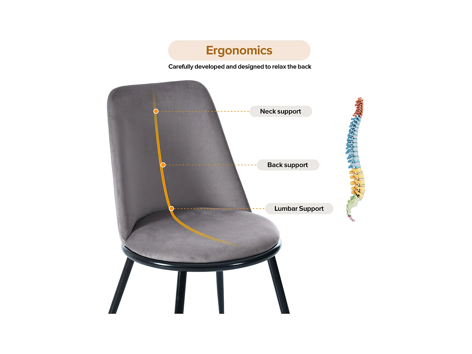 Lot de 2 Chaises de salle à manger -44×41×88 cm, en velours et métal,150 kg max, gris+noir